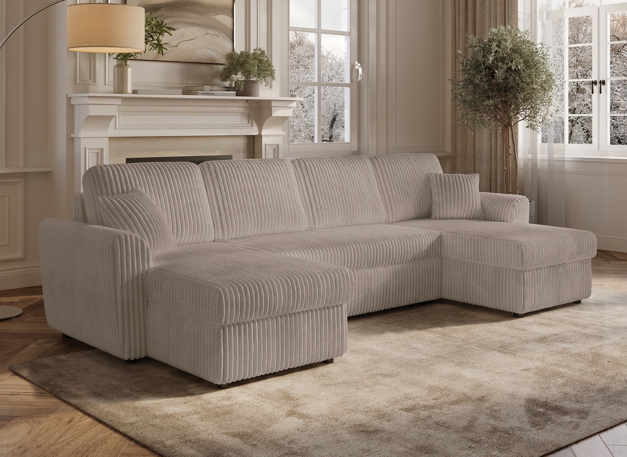 Canapé panoramique convertible avec coffres en velours côtelé épais taupe ADRYEN