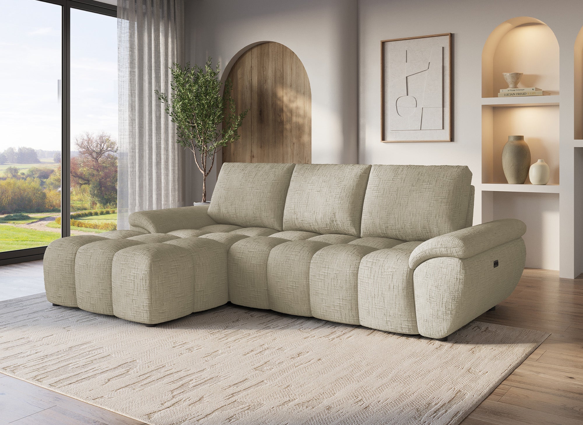 Canapé d’angle relax électrique en velours chiné taupe ALPES - Angle gauche