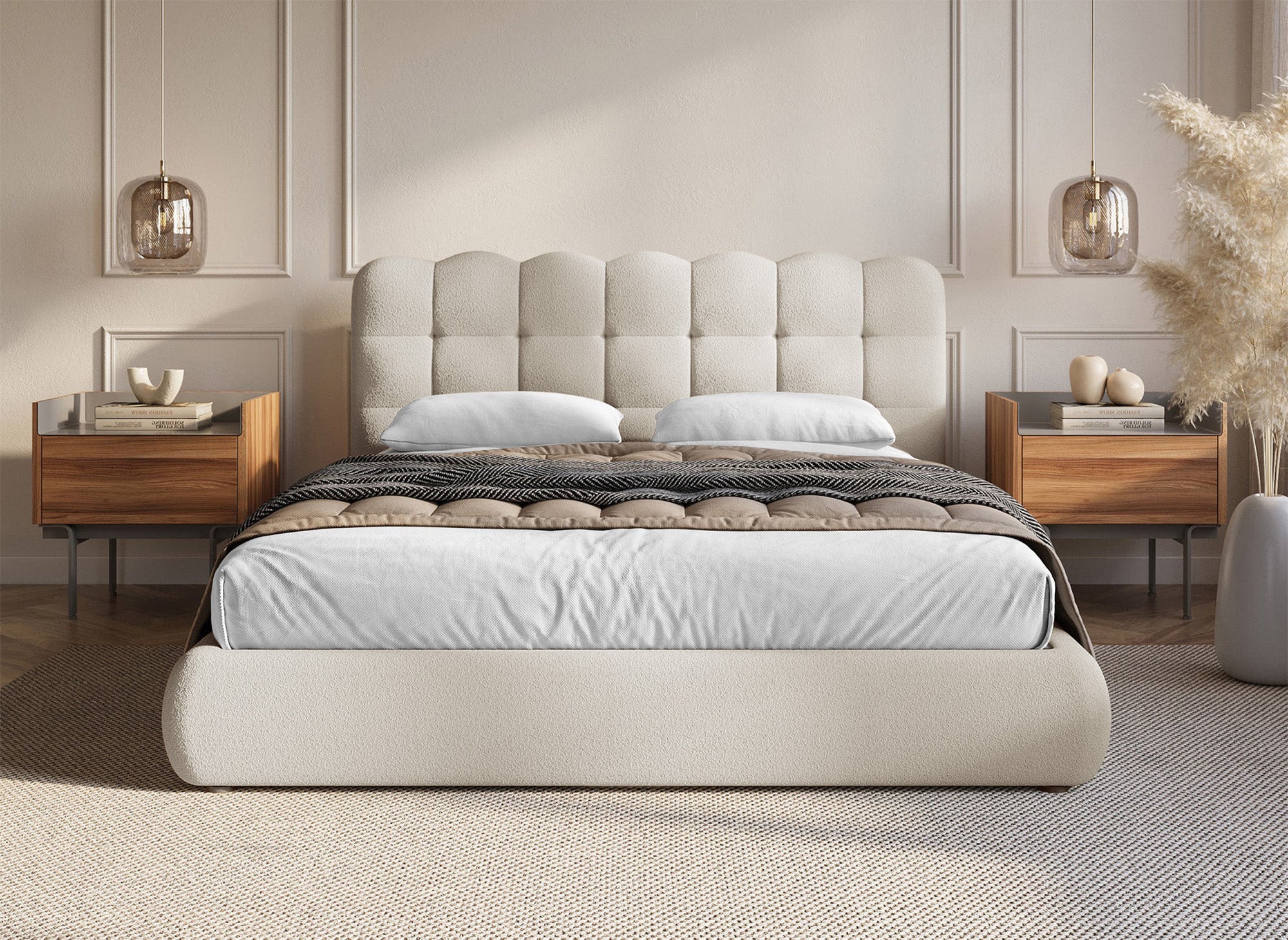 Lit coffre en tissu bouclette beige 160x200 cm BISCUIT