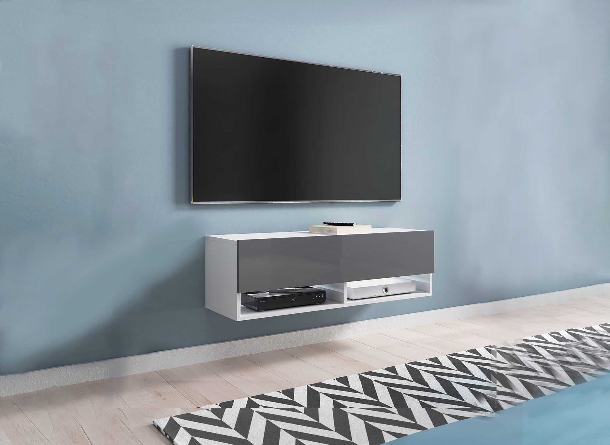Meuble TV suspendu 1 porte 2 niches blanc et gris ROMANE - 100 cm