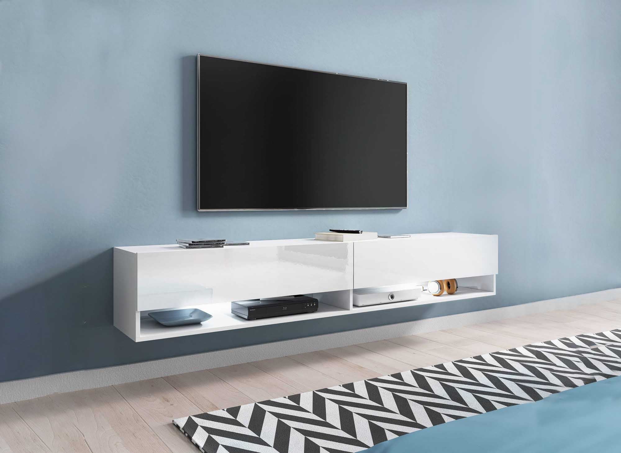 Meuble TV suspendu 2 portes 2 niches blanc ROMANE XXL - 180 cm