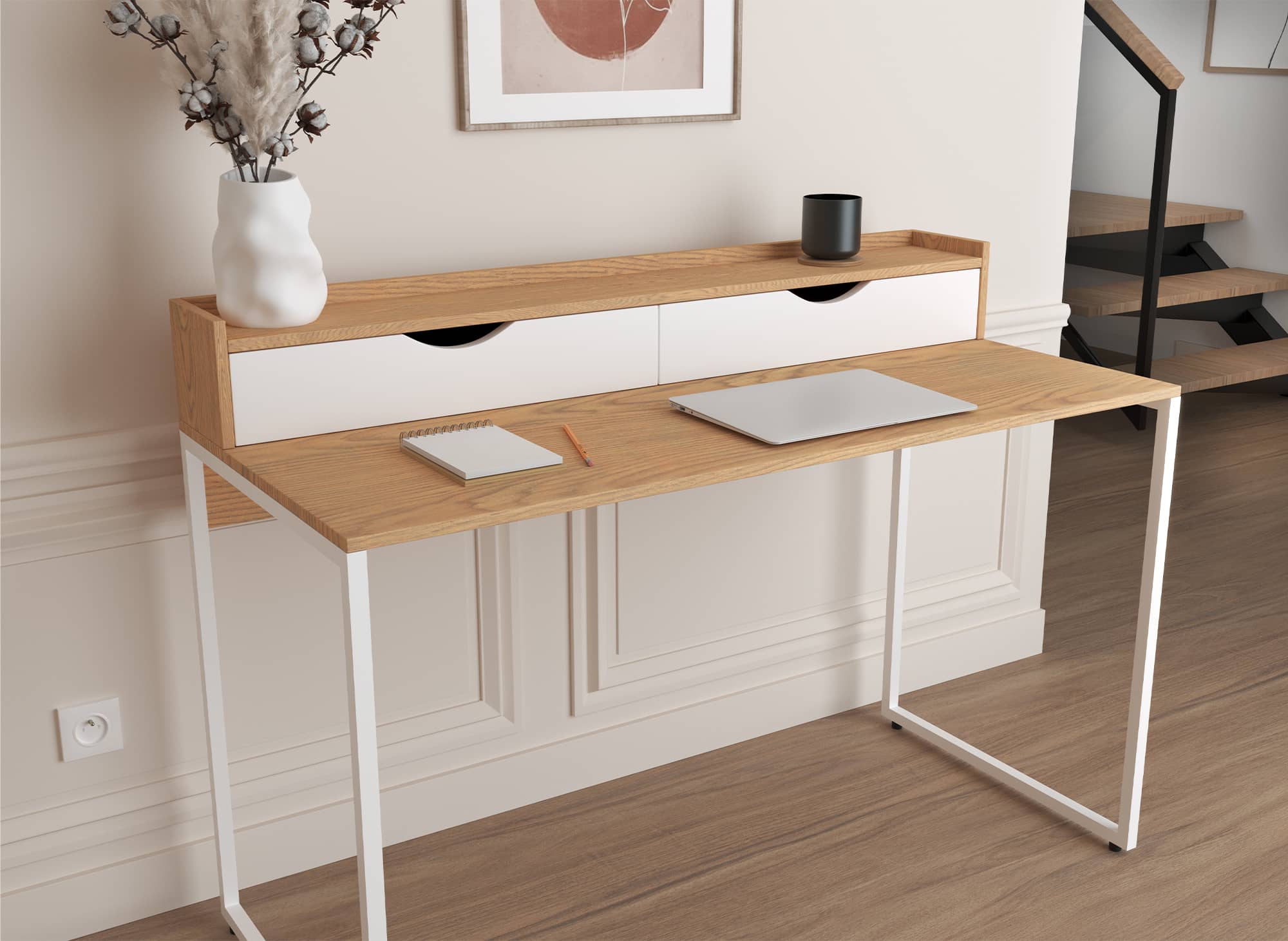 Bureau scandinave avec rangements en bois et métal NORBERT