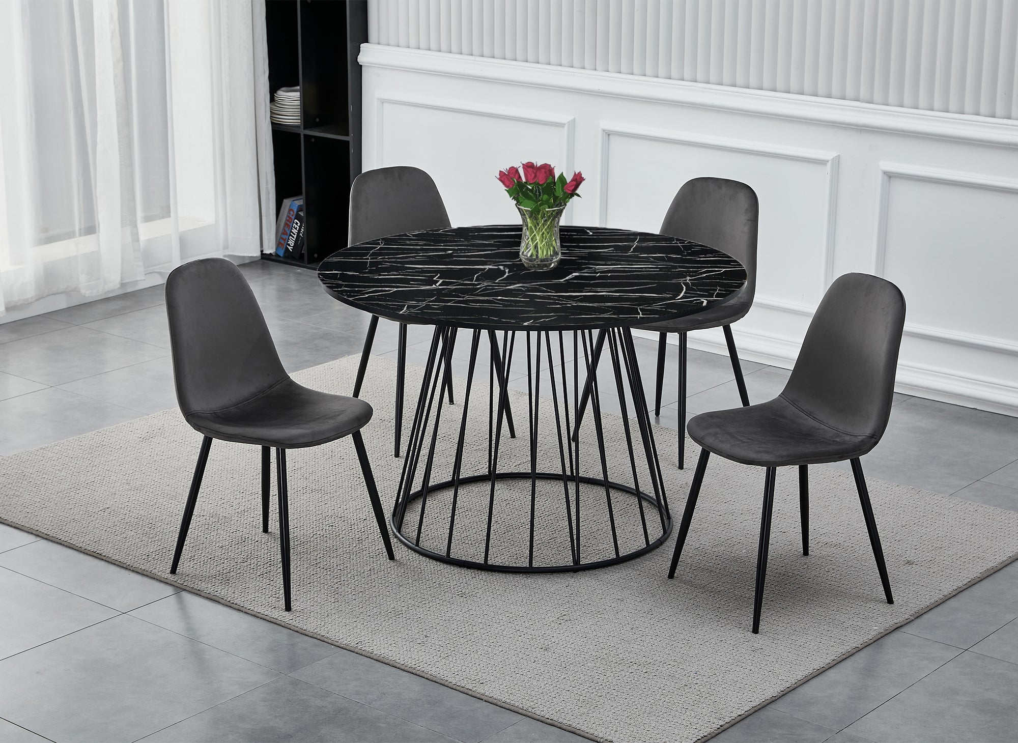 Table à manger ronde effet marbre noir pied en métal noir STELLA