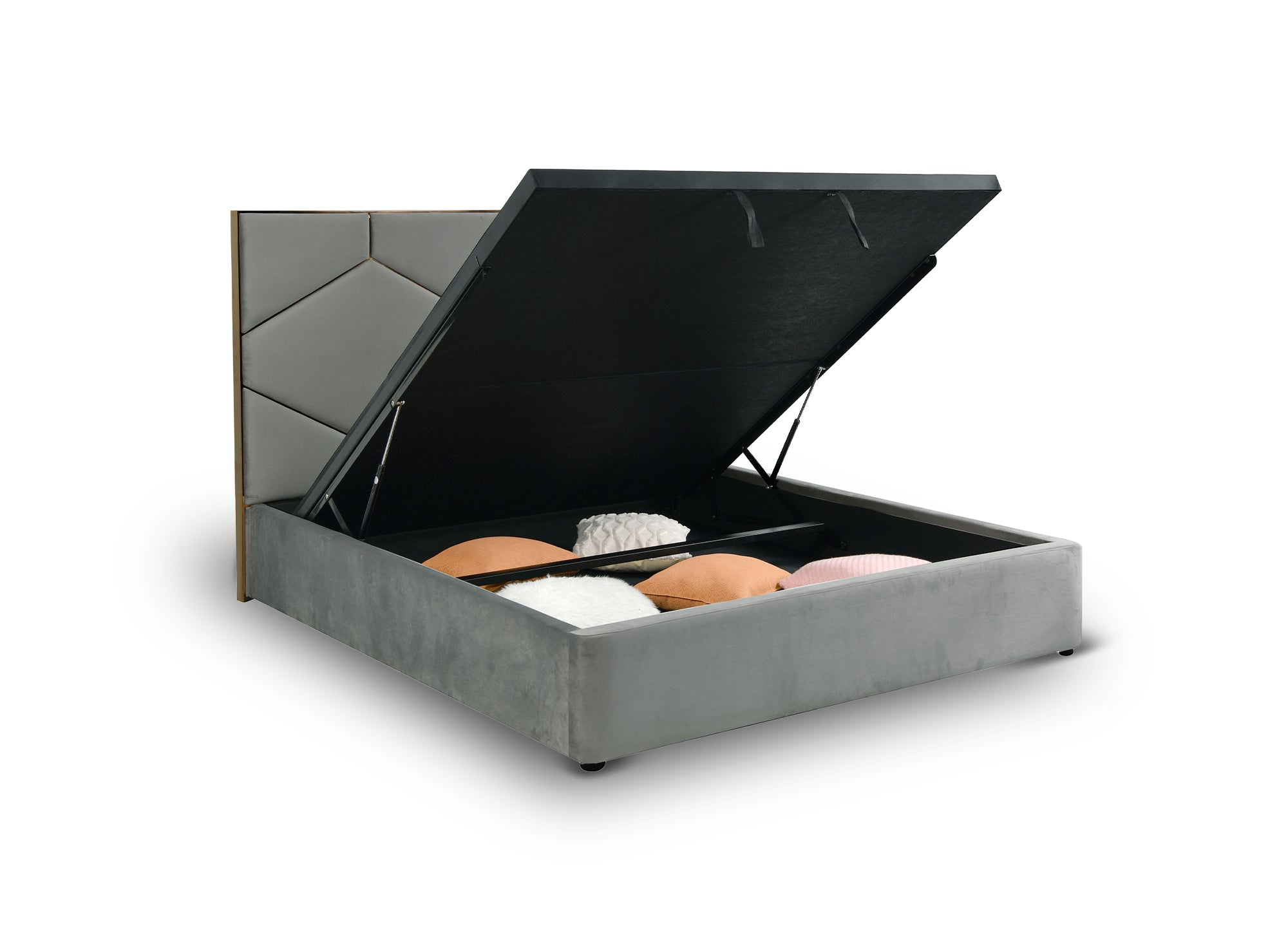 Lit coffre avec tête de lit design en velours gris LARA 160 x 200 cm