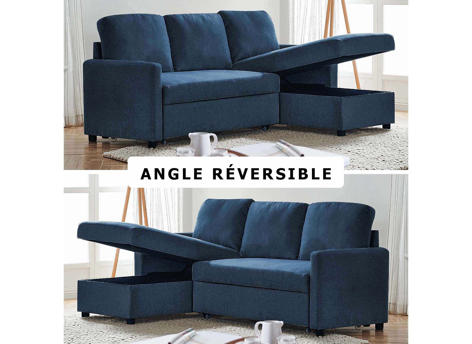 Canapé d'angle réversible convertible coffre de rangement en tissu bleu ADAM