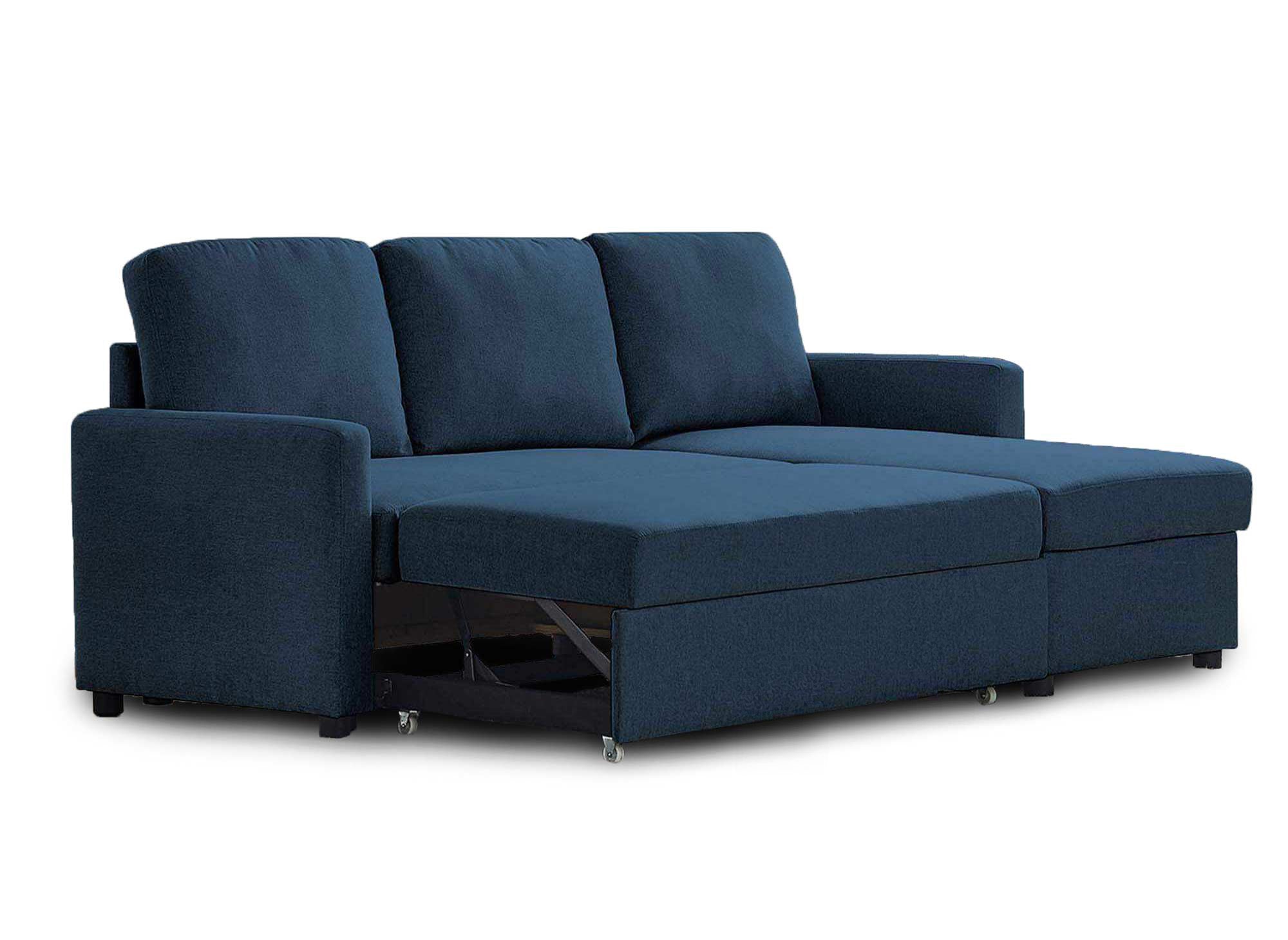 Canapé d'angle réversible convertible coffre de rangement en tissu bleu ADAM