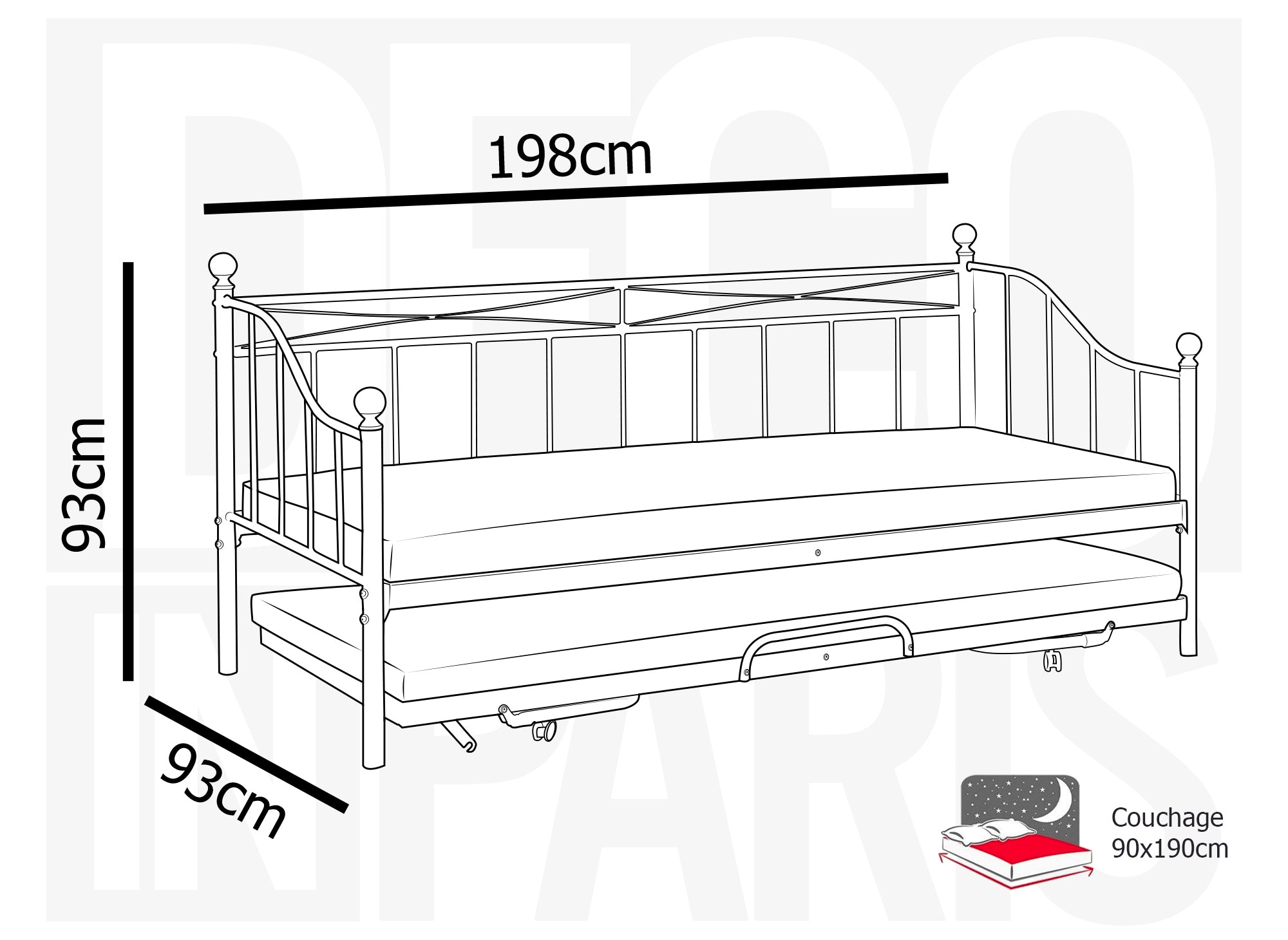 Lit banquette gigogne en métal blanc ALICIA 90 x 190 cm