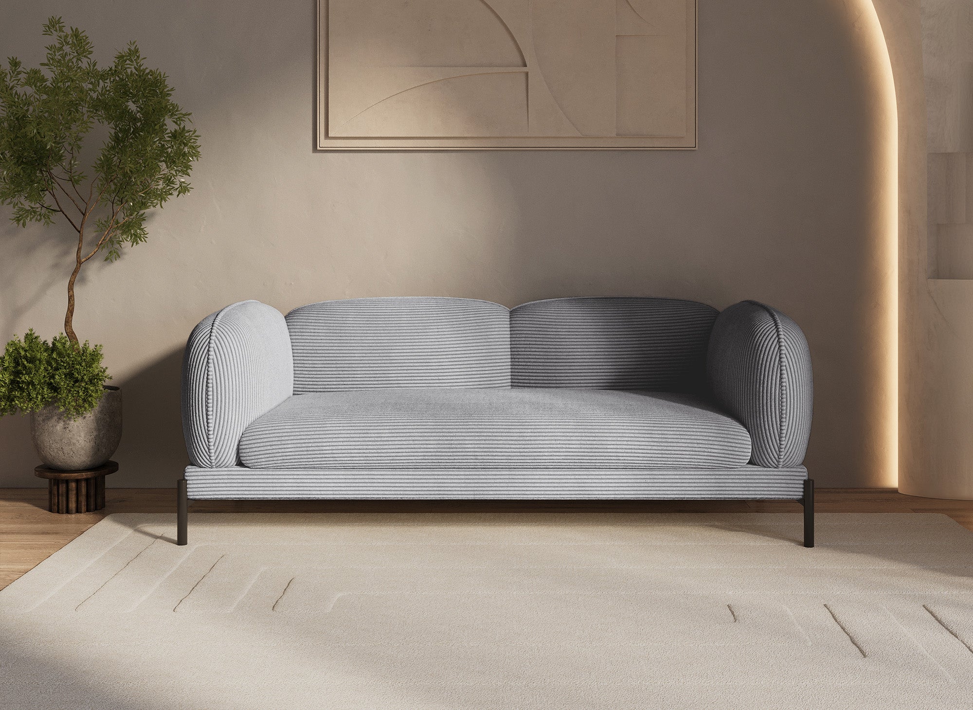 Canapé 3 places en velours gros côtelé gris ANDREA