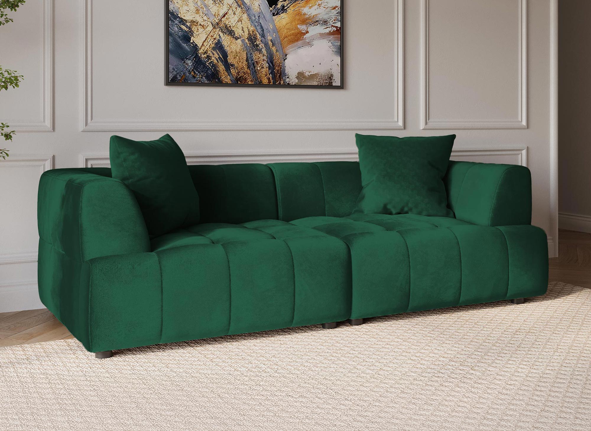 Canapé droit 3 places en velours vert KELIA