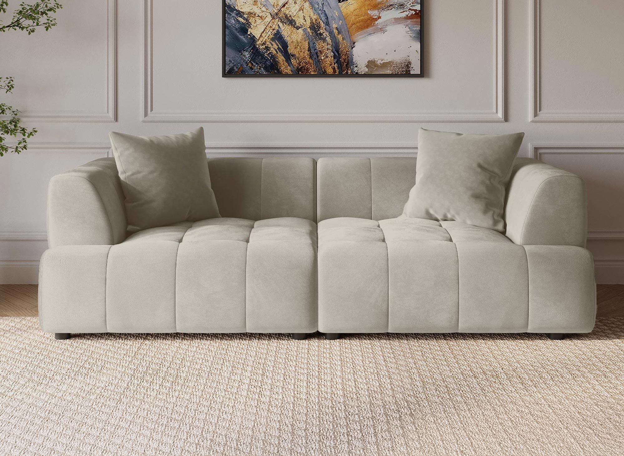Canapé droit 3 places en velours beige KELIA