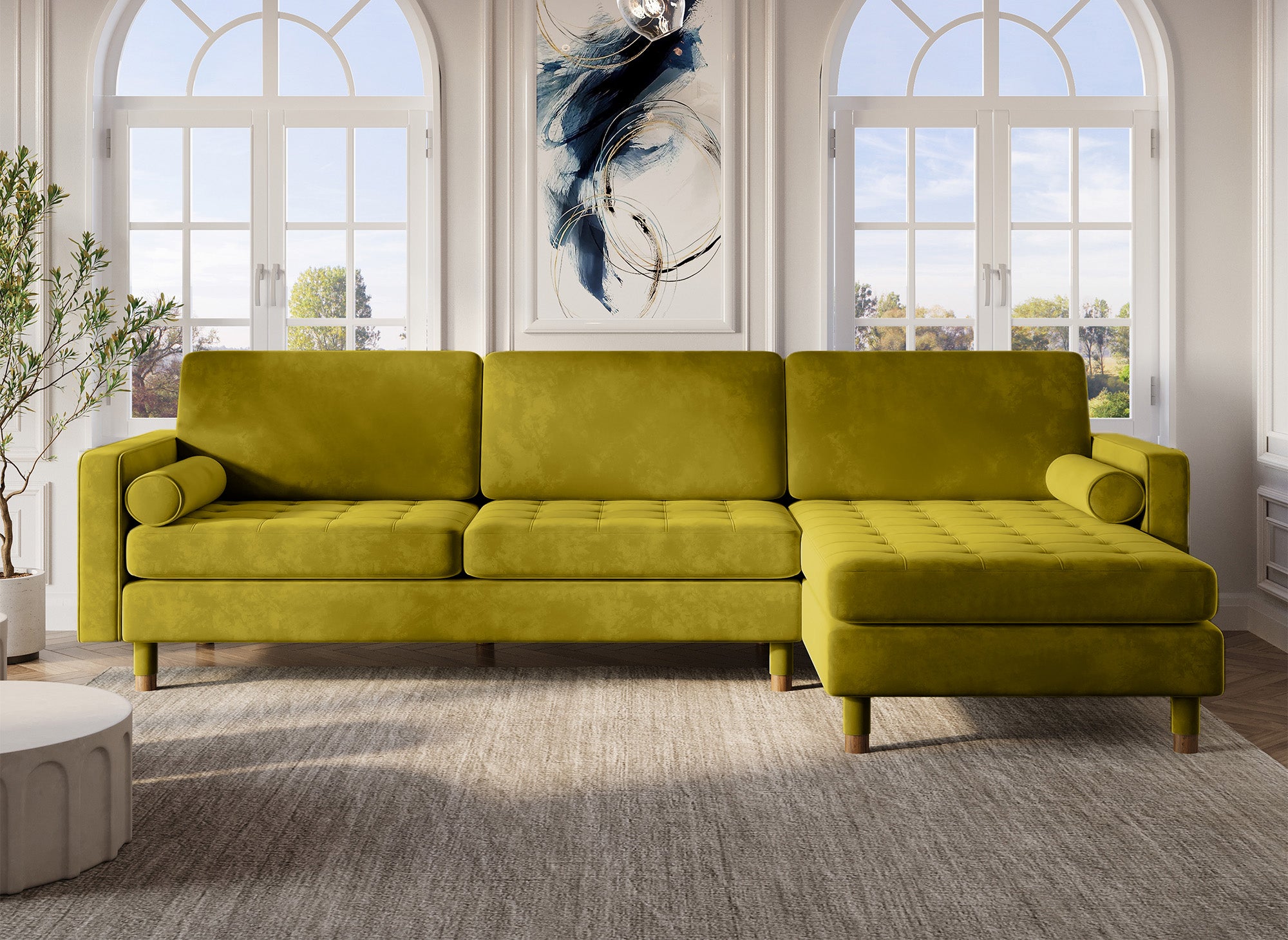 Canapé d'angle scandinave en velours vert doré SALAMBO - Angle Droit