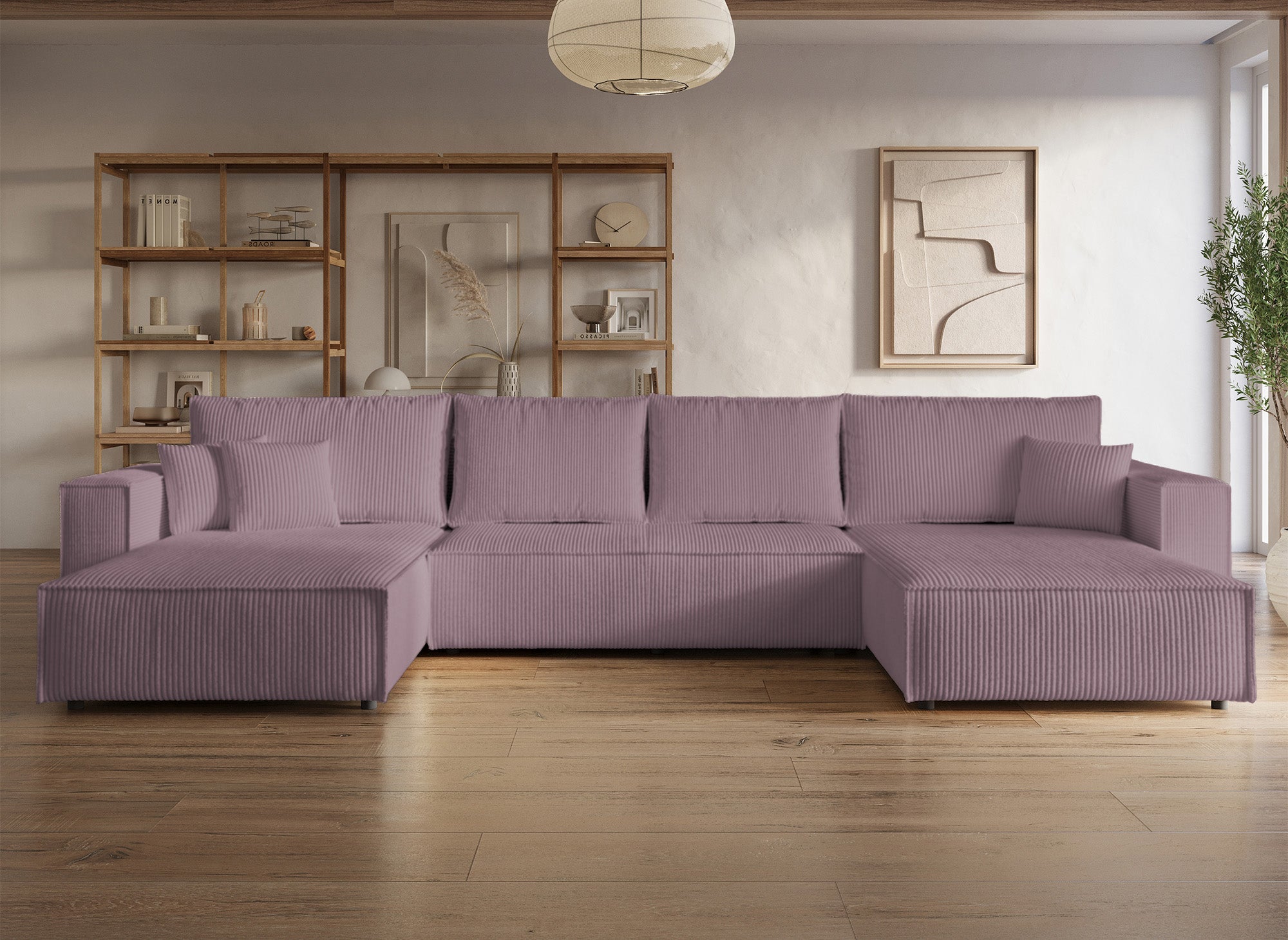 Canapé panoramique convertible avec coffre en velours cotelé lilas - JADE