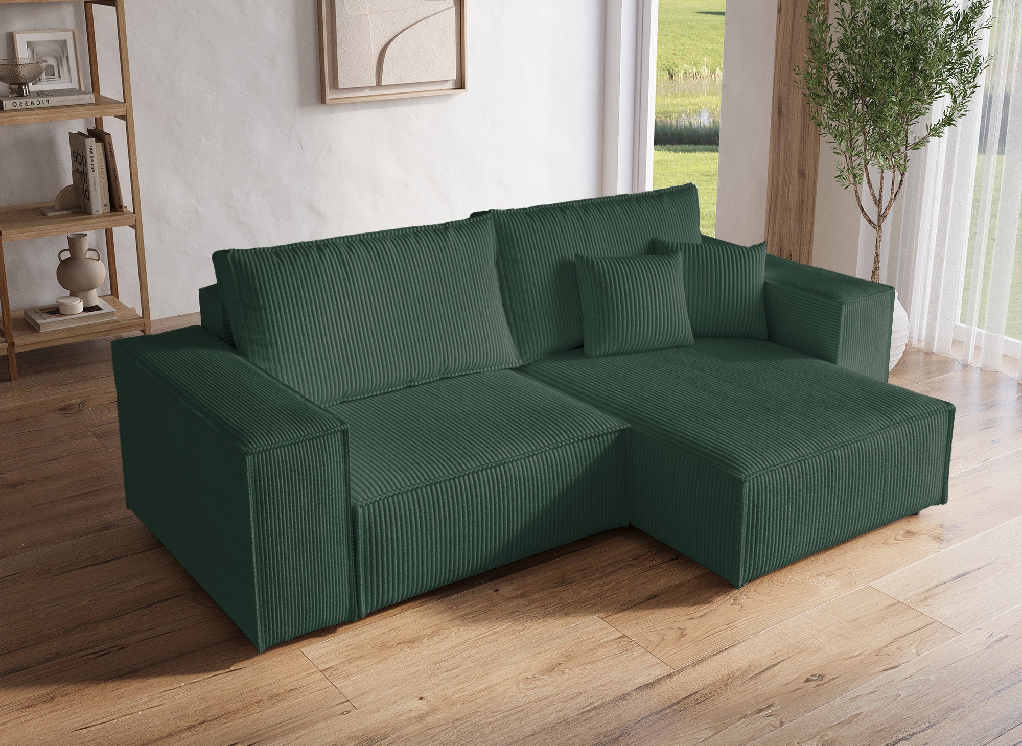 Canapé d'angle convertible et réversible avec coffre en velours côtelé vert JADE MINI