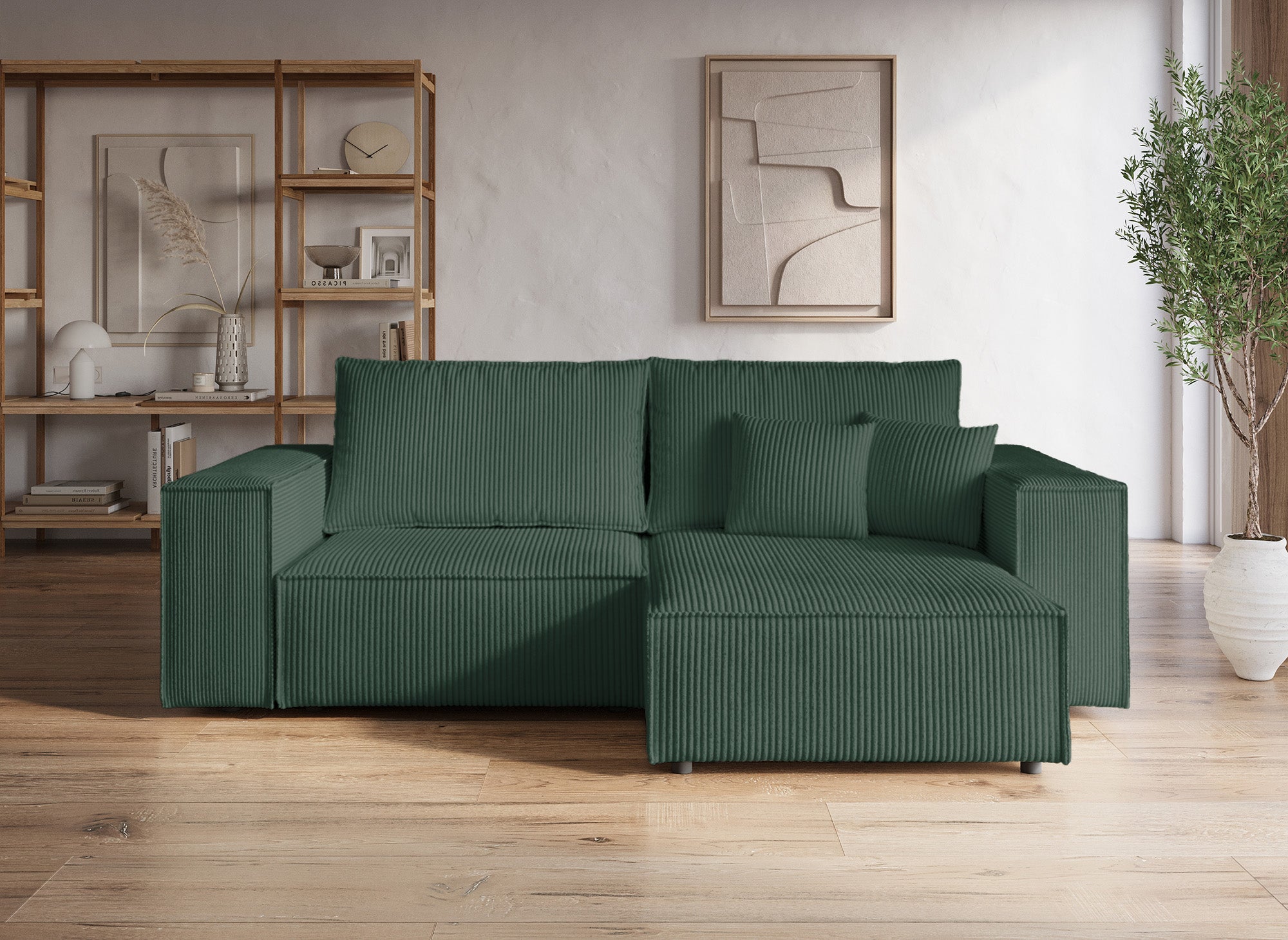 Canapé d'angle convertible et réversible avec coffre en velours côtelé vert JADE MINI