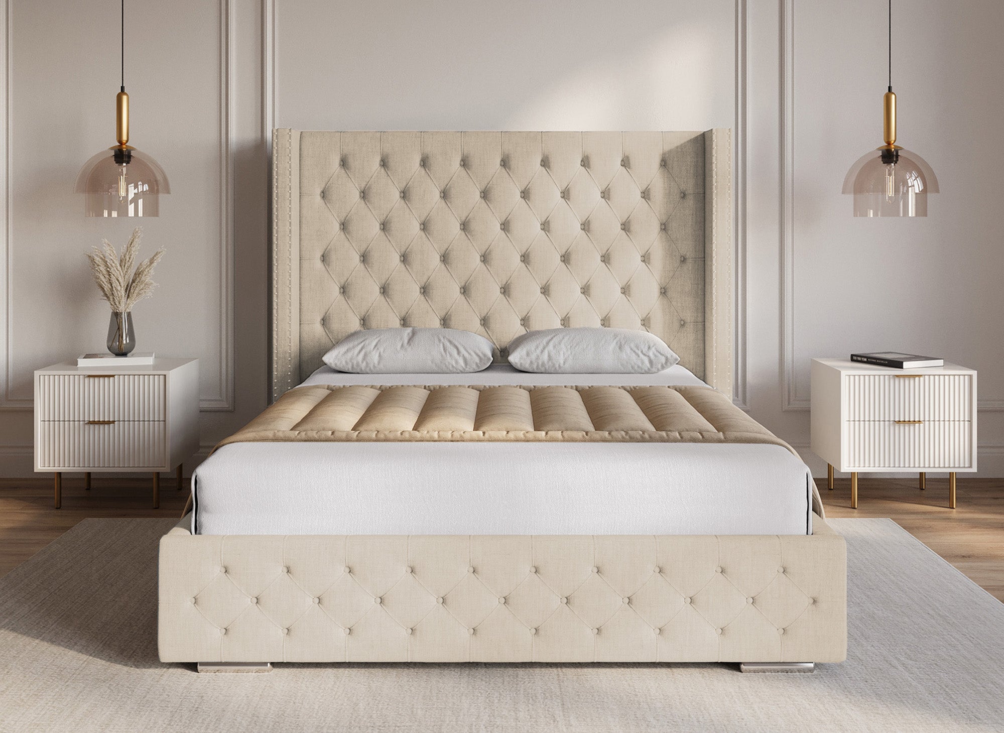 Lit coffre en tissu lin beige 140x190 cm MAXI
