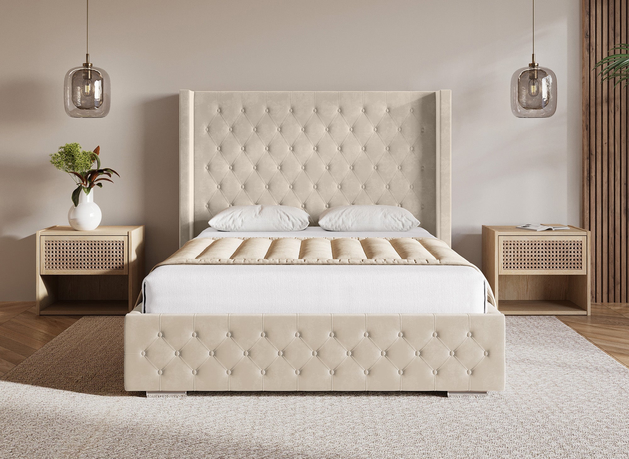Lit coffre en velours beige 160X200 cm PERLA