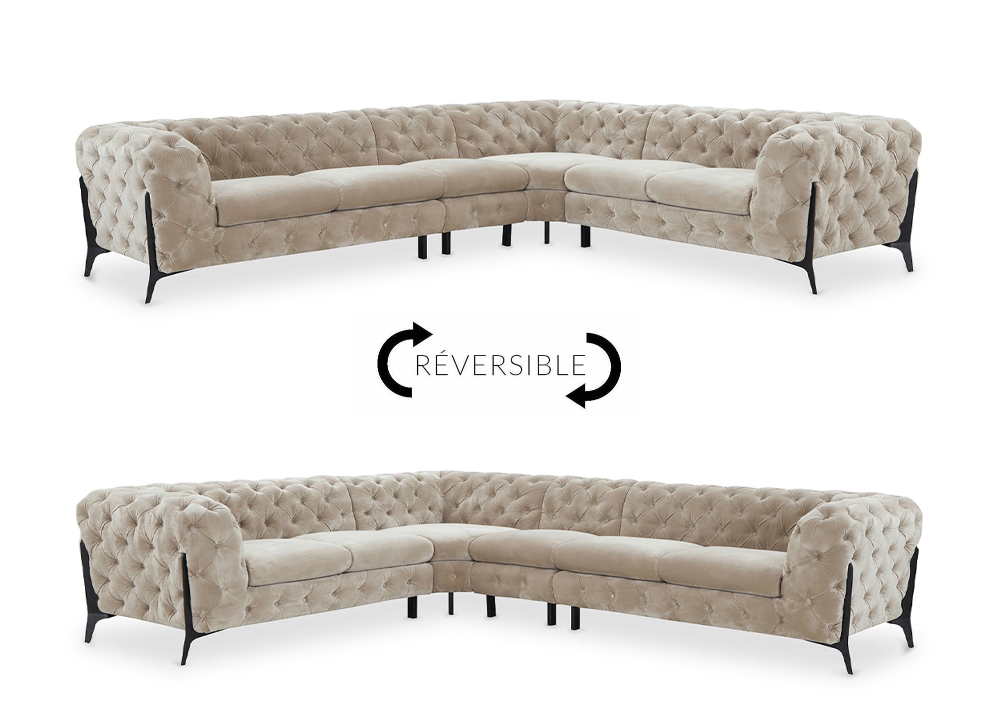 Canapé capitonné chesterfield d'angle réversible en velours beige CARMEN