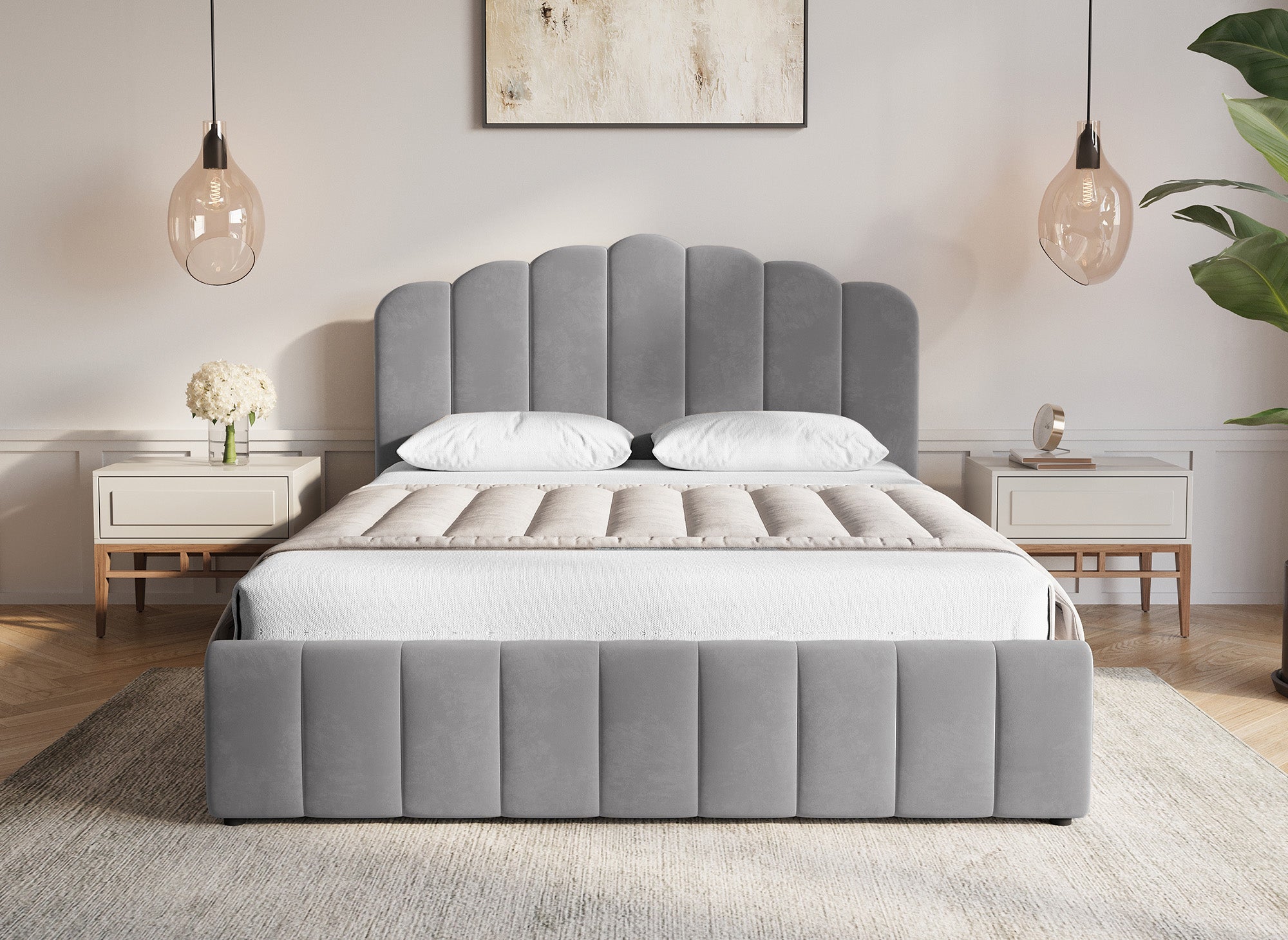 Lit coffre en velours gris 160x200 cm ELVIRA