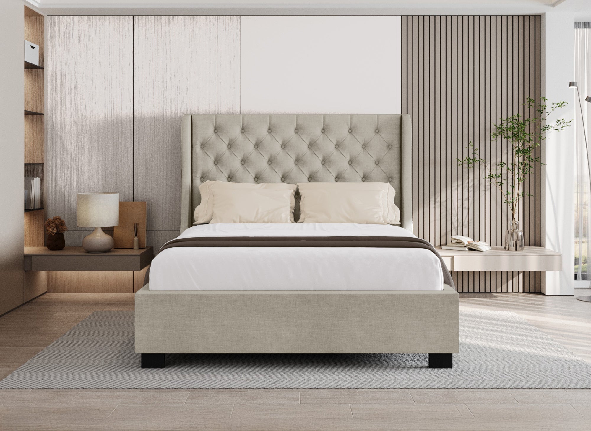 Lit coffre capitonné en tissu lin beige FLORINE 160 x 200 cm