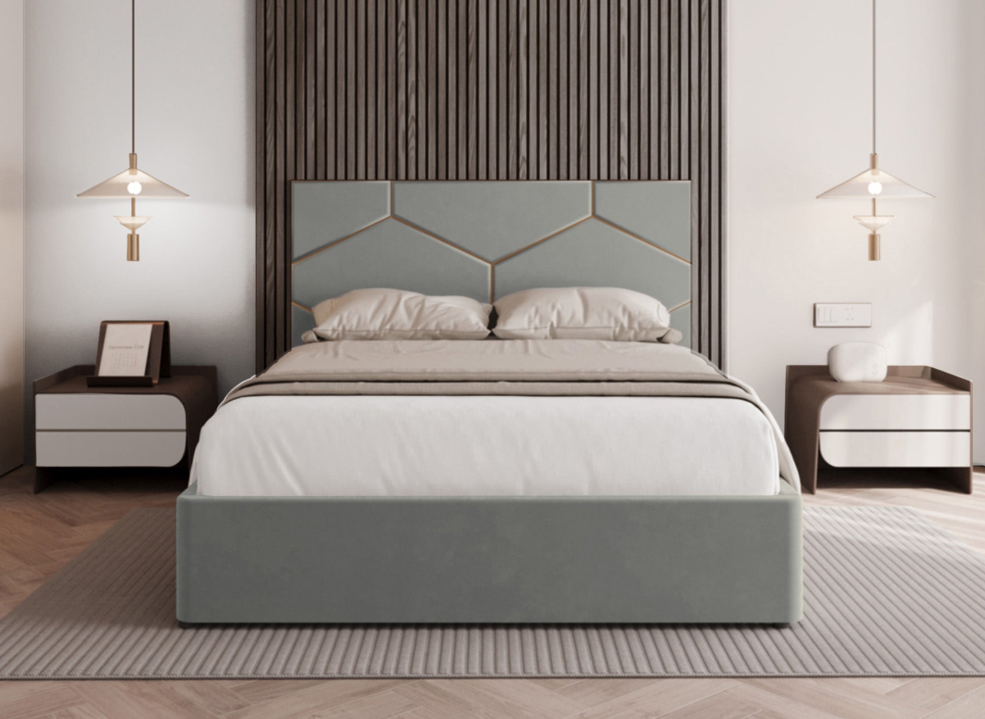 Lit coffre avec tête de lit design en velours gris LARA 160 x 200 cm