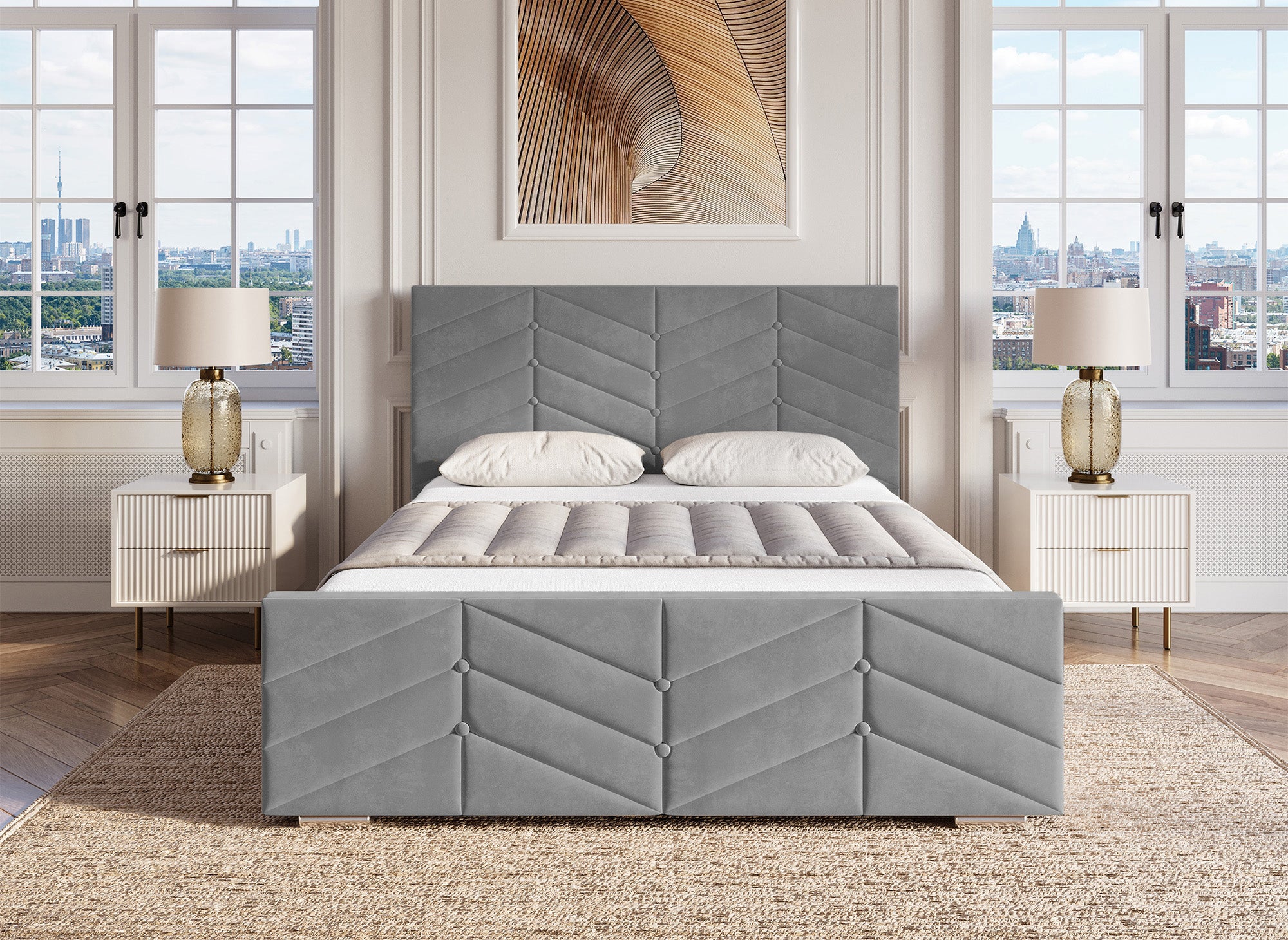Lit avec sommier relevable et coffre en velours gris 180x200 cm PALMA