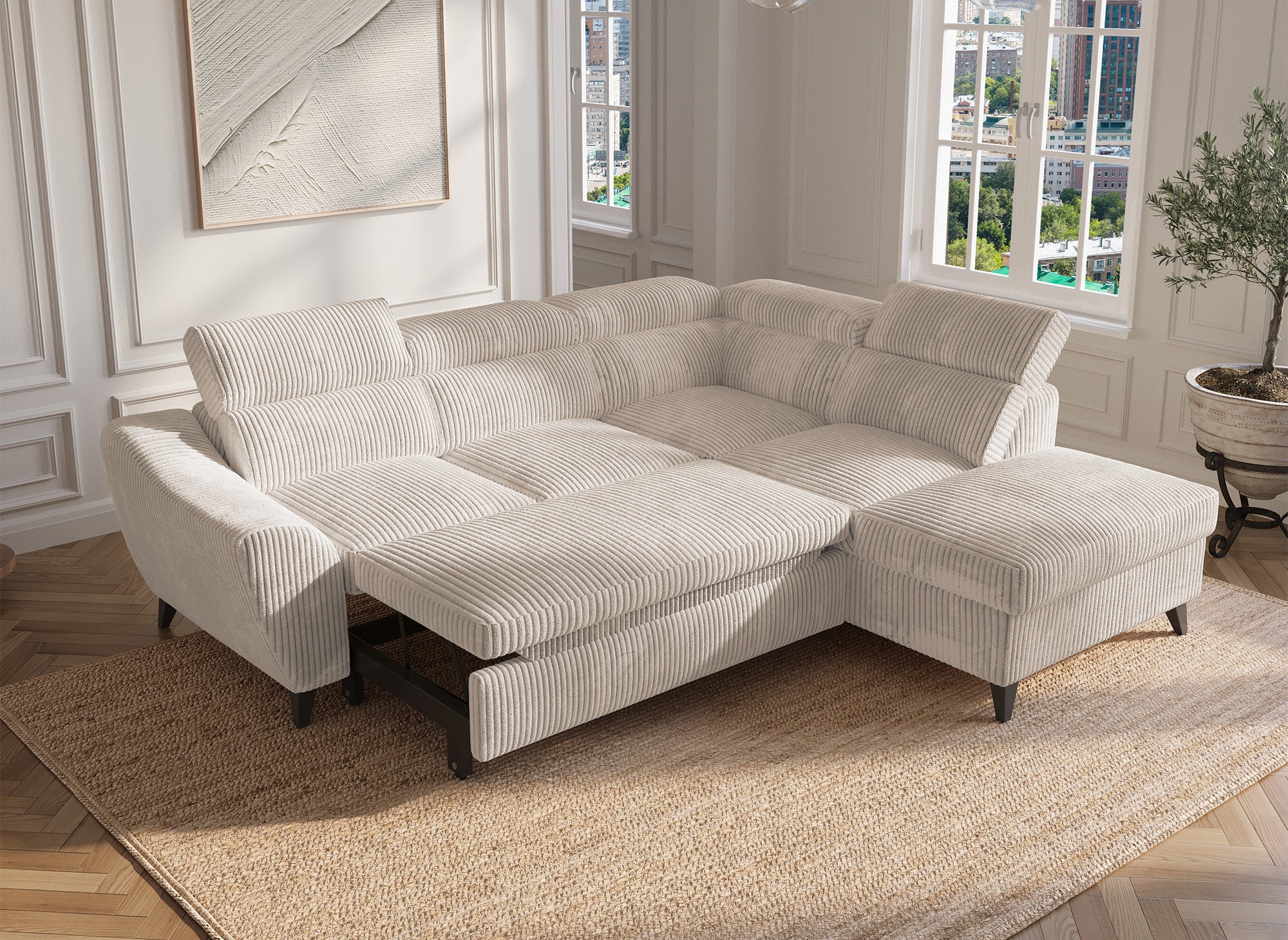 Canapé d'angle convertible avec coffre en velours côtelé épais beige DALTON - Angle droit