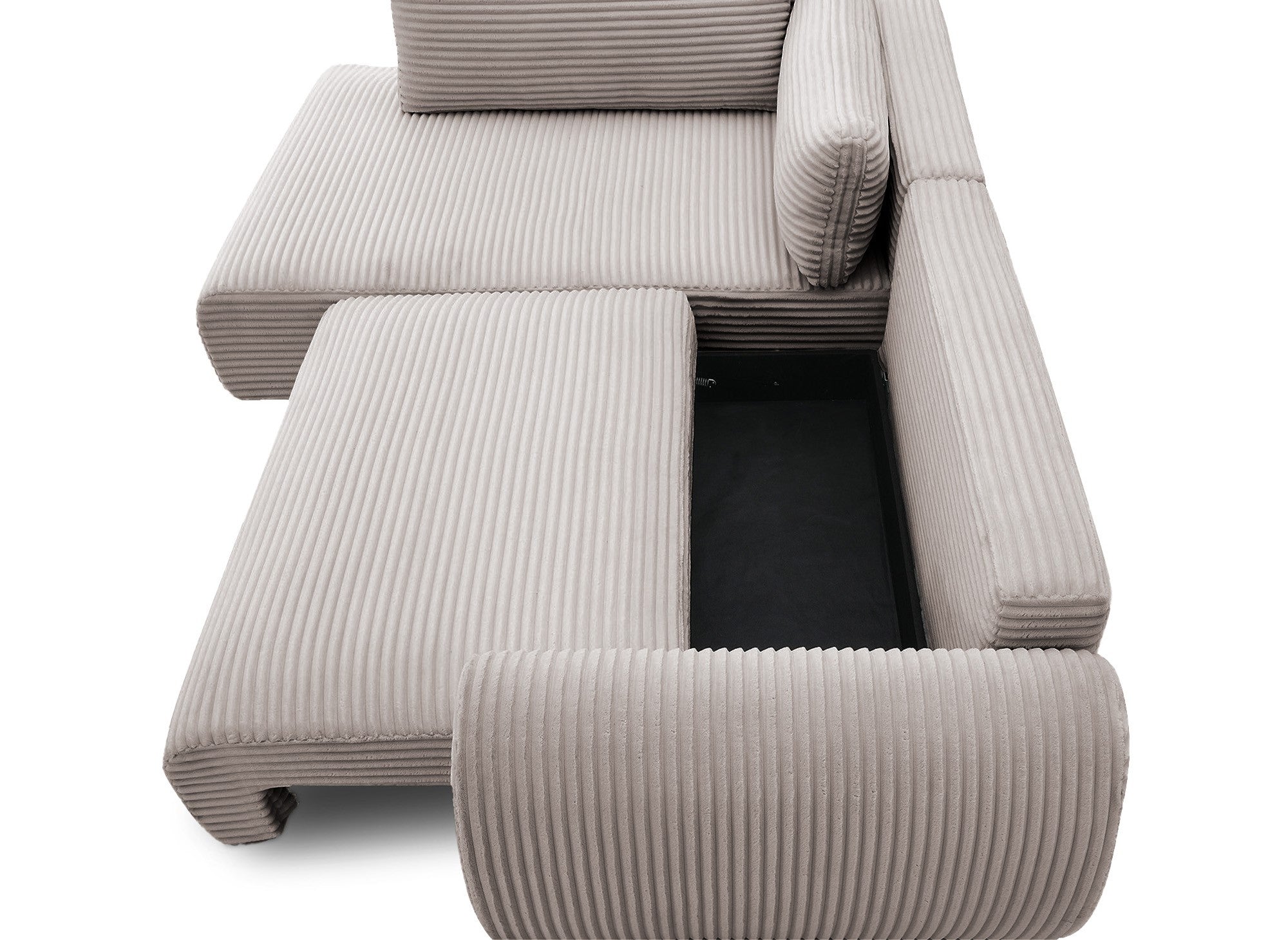 Canapé d'angle convertible avec méridienne et coffre en gros côtelé doux taupe TILDA - Angle gauche