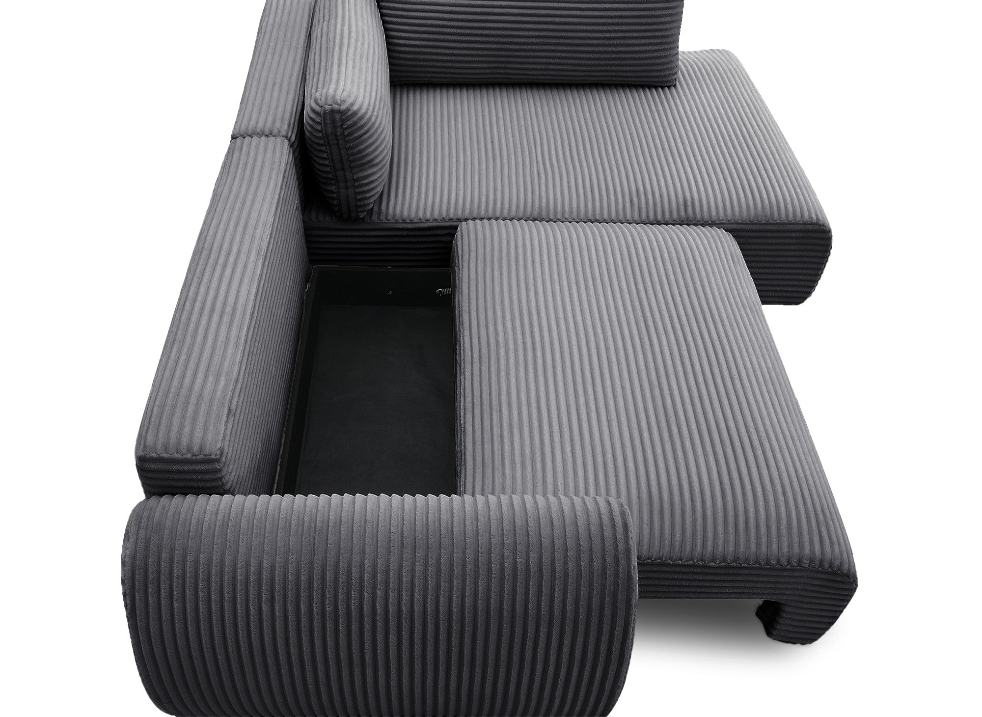 Canapé d'angle convertible avec méridienne et coffre en gros côtelé gris TILDA - Angle droit