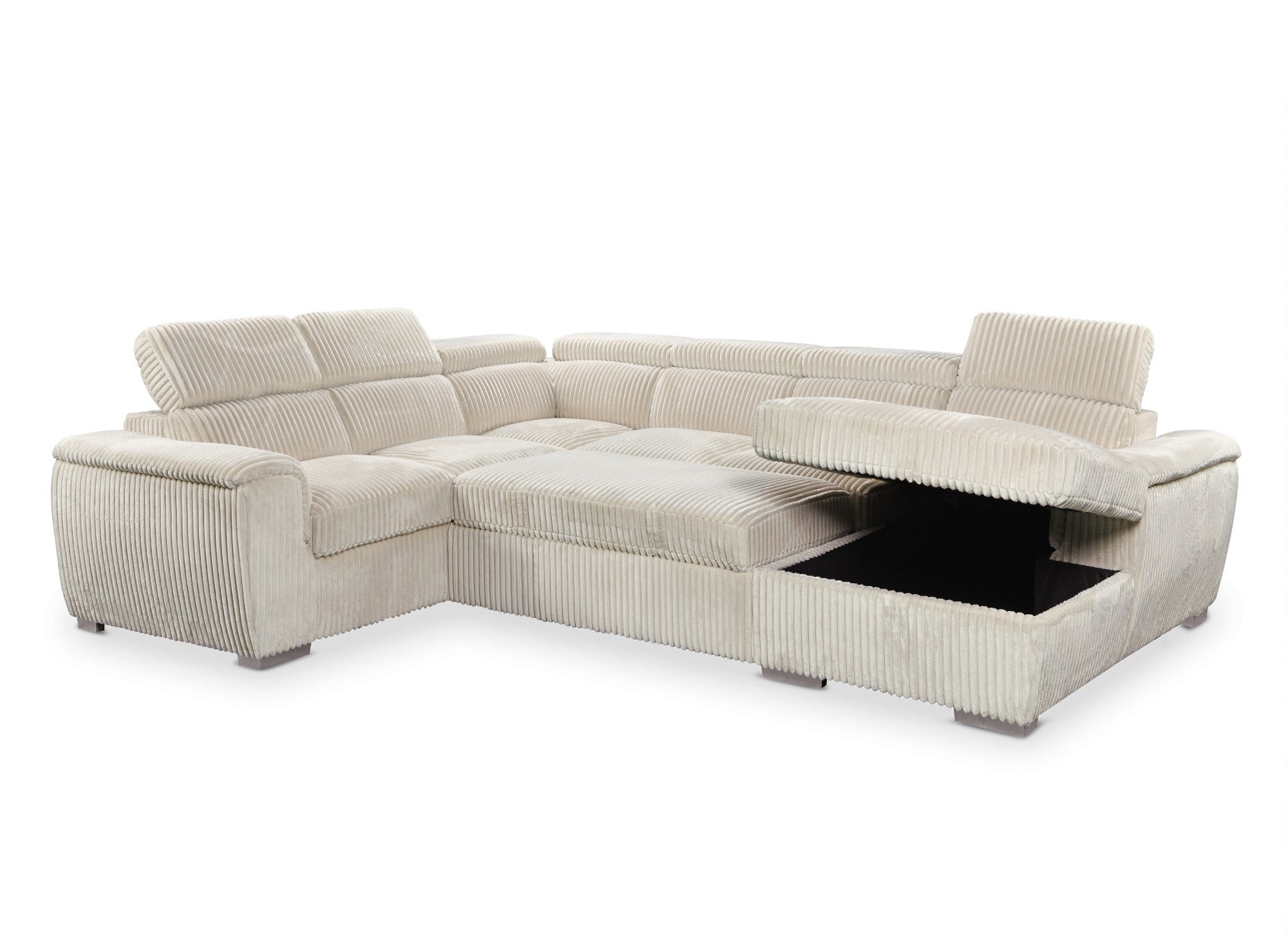 Canapé panoramique convertible avec coffre en velours côtelé épais beige GAELLE - Angle Droit