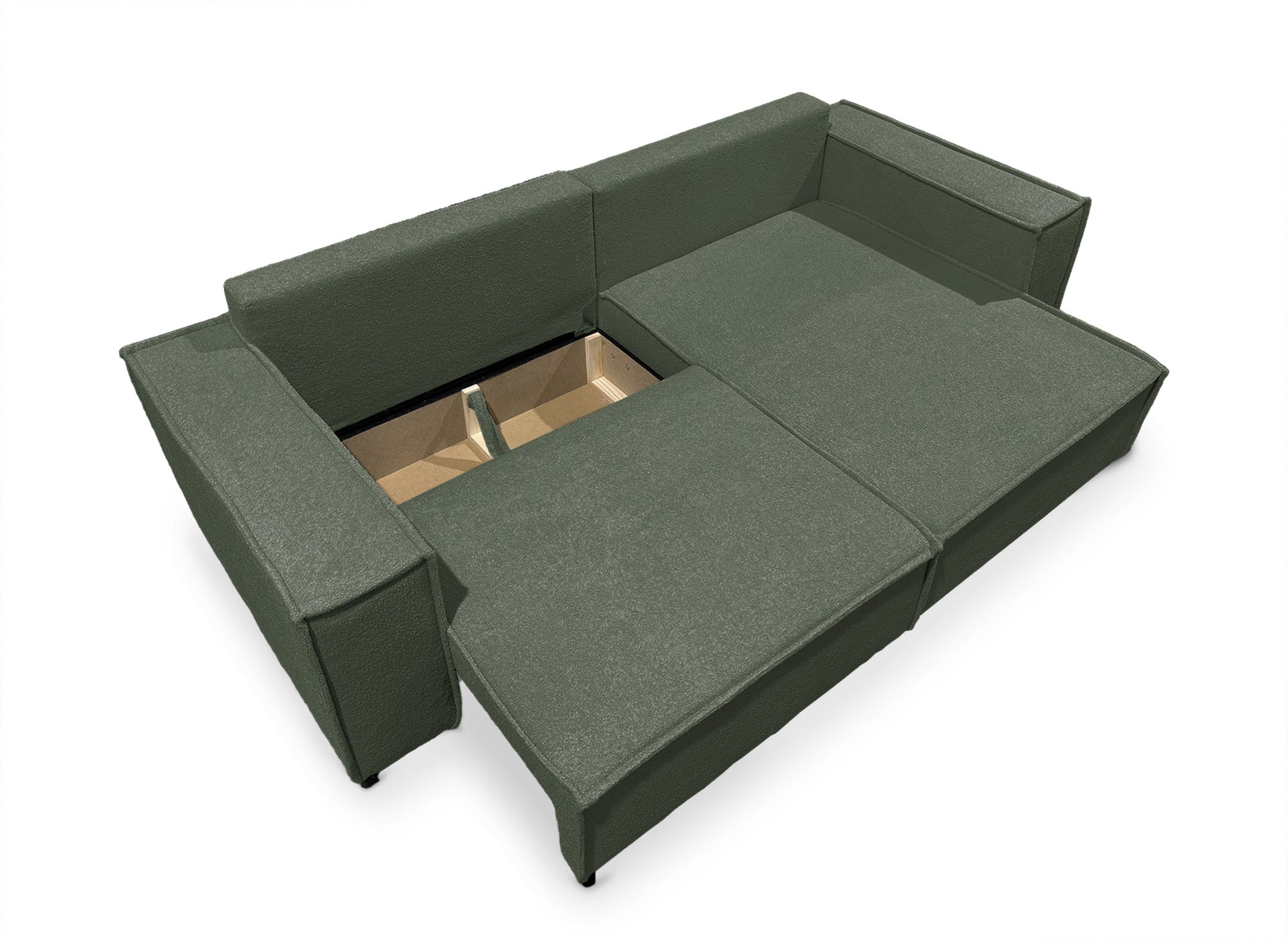 Canapé d'angle convertible et réversible avec coffre en tissu bouclette vert kaki JADE MINI