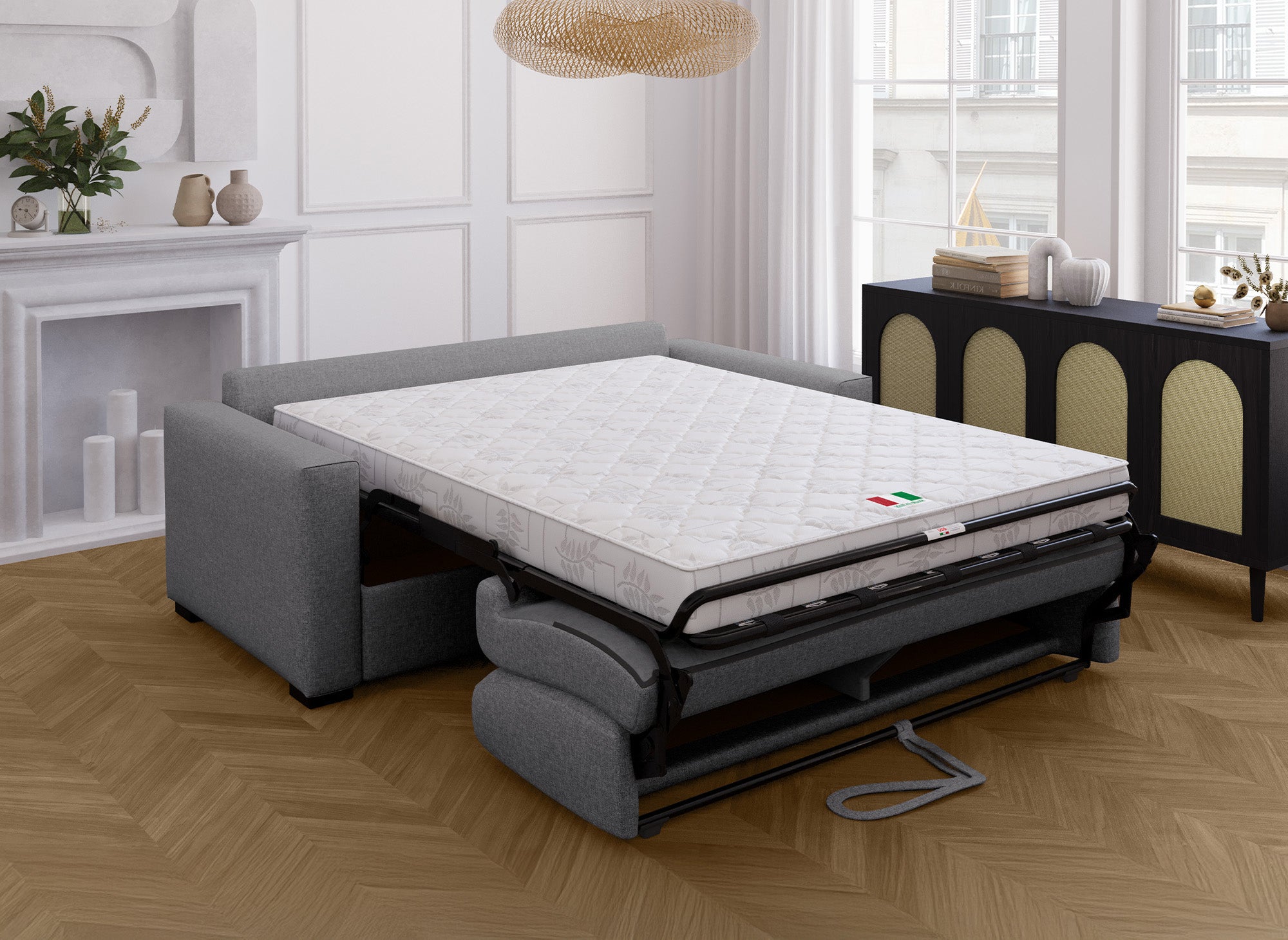 Canapé convertible 3 places LOUNA en tissu gris foncé ouverture express matelas 14 cm