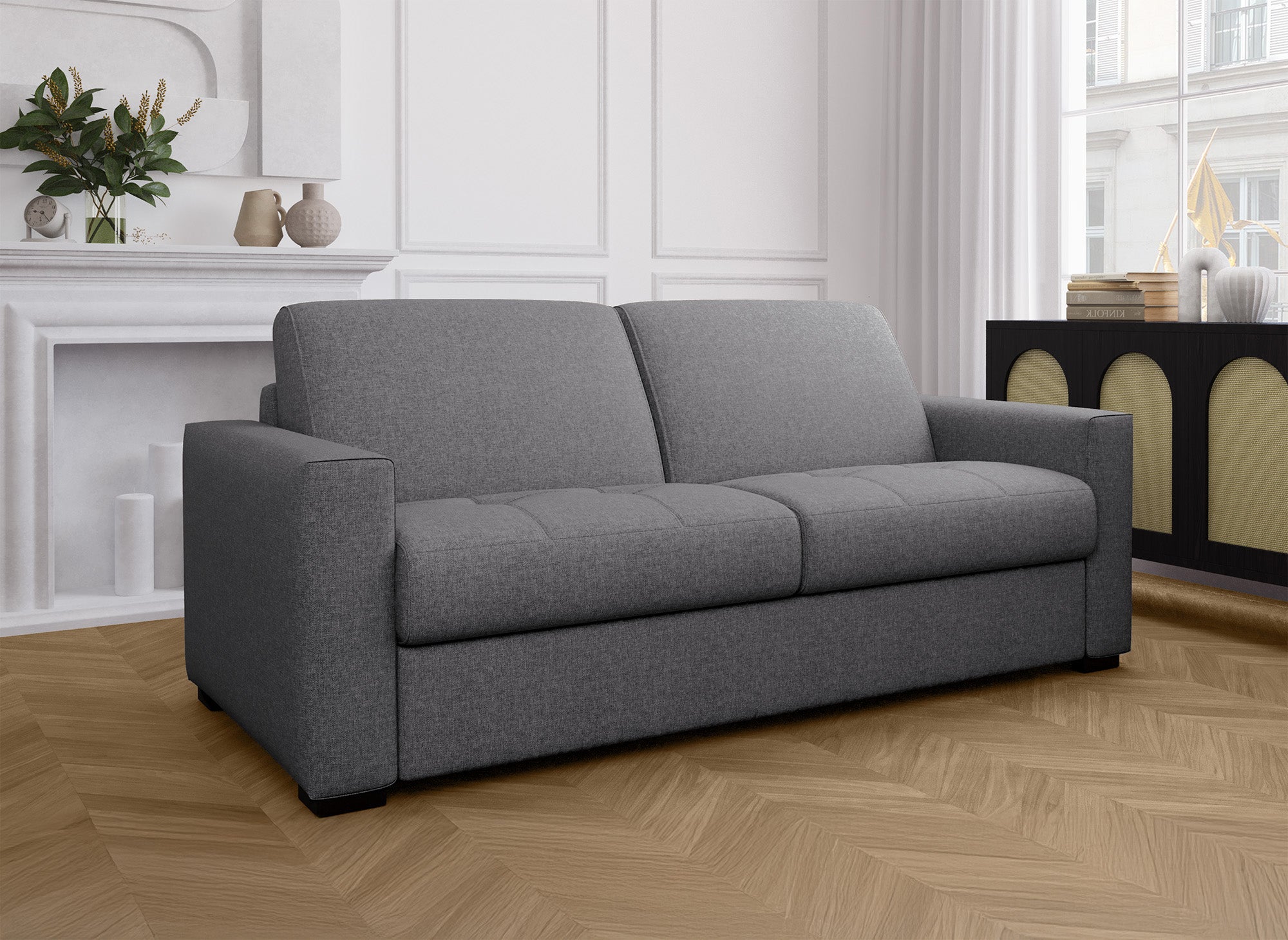 Canapé convertible 3 places LOUNA en tissu gris foncé ouverture express matelas 14 cm