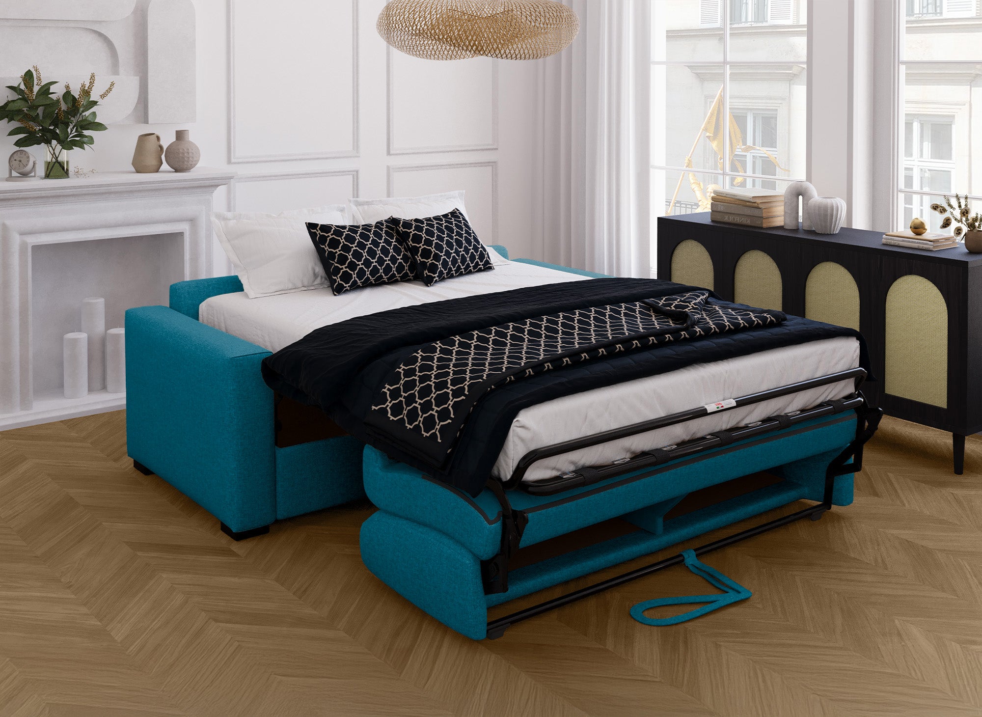 Canapé convertible 3 places LOUNA en tissu bleu pétrole ouverture express