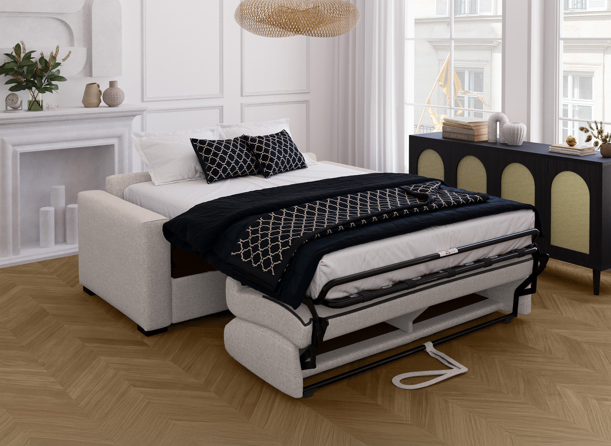 Canapé convertible 3 places LOUNA en tissu beige ouverture express
