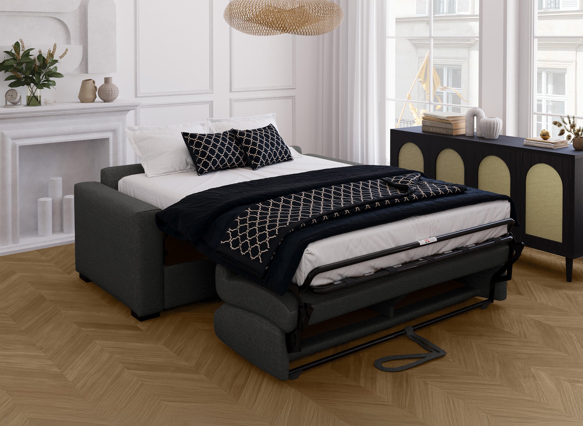 Canapé convertible 3 places LOUNA en tissu gris carbon ouverture express