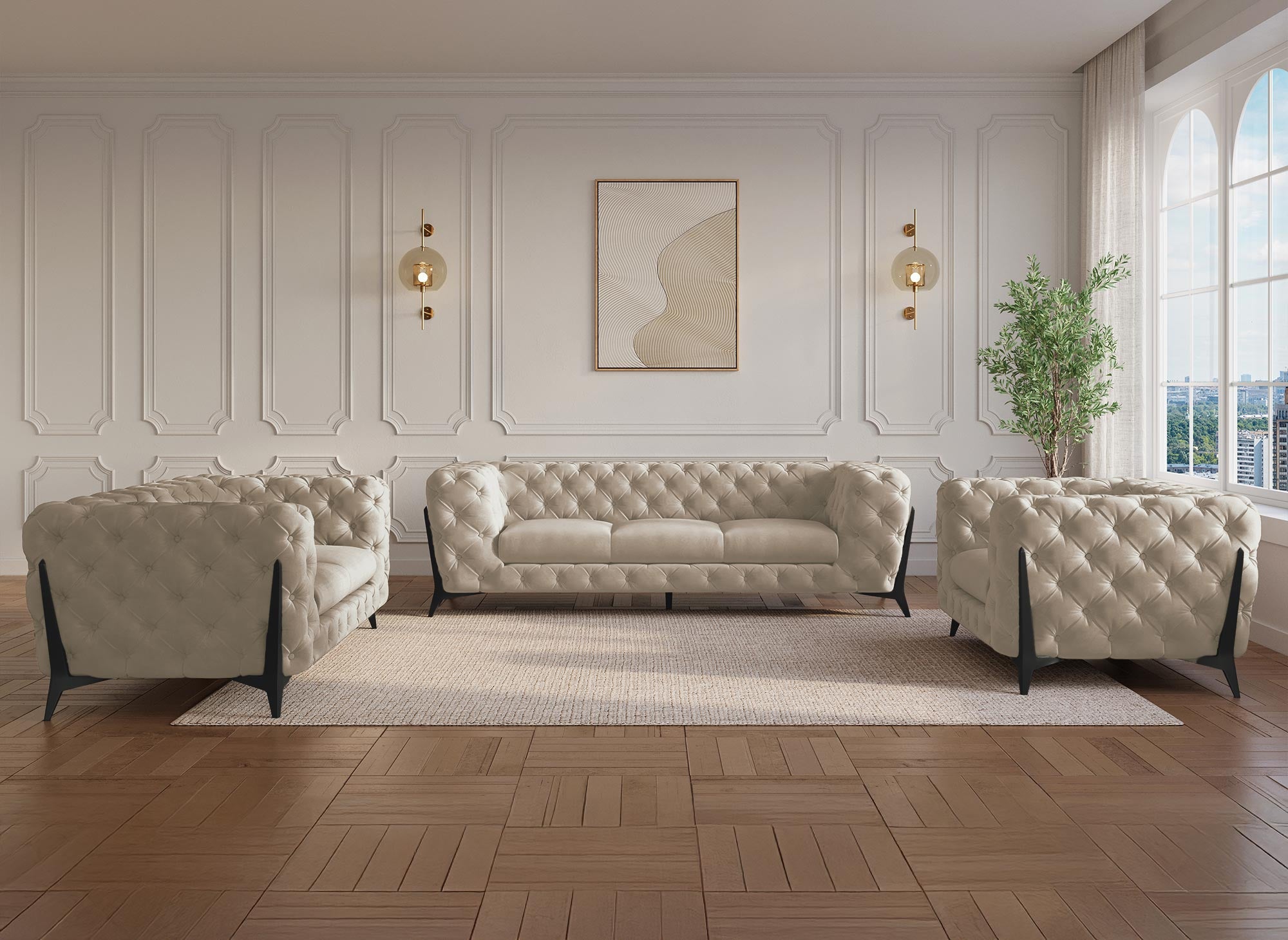 Canapé 2 places capitonné chesterfield velours beige CARMEN