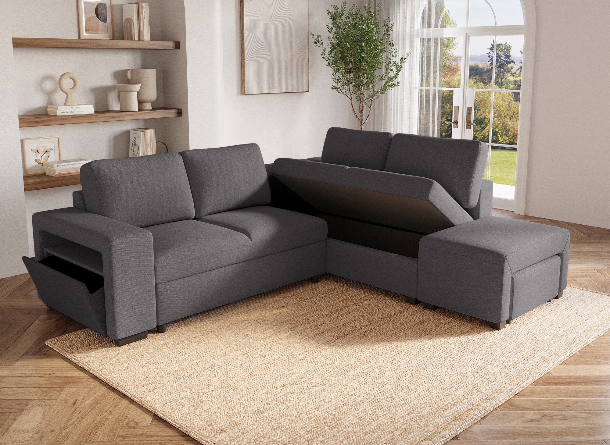 Canapé d'angle convertible en tissu gris foncé ALBAN - Angle droit