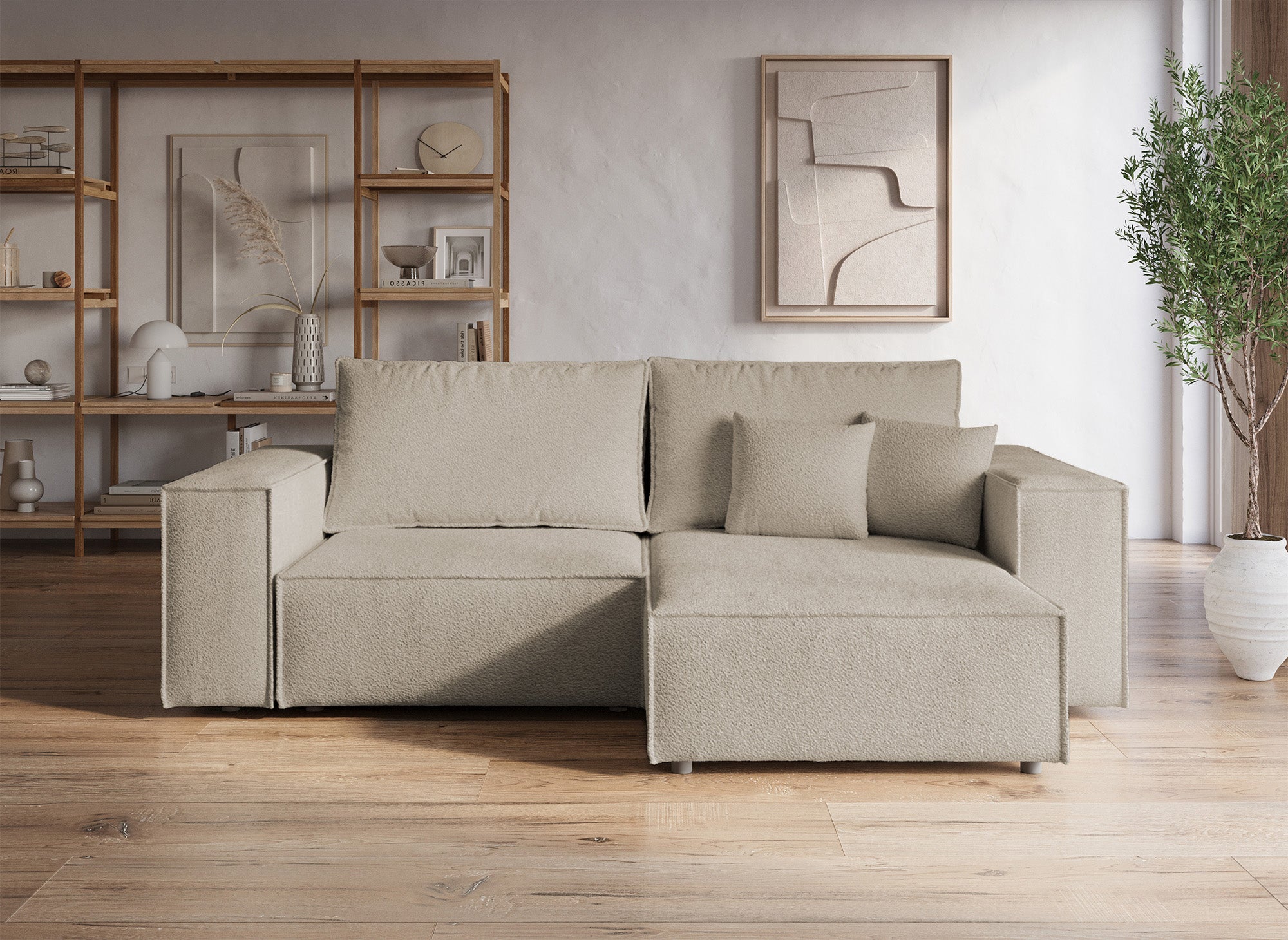 Canapé d'angle convertible et réversible avec coffre en tissu bouclette taupe JADE MINI