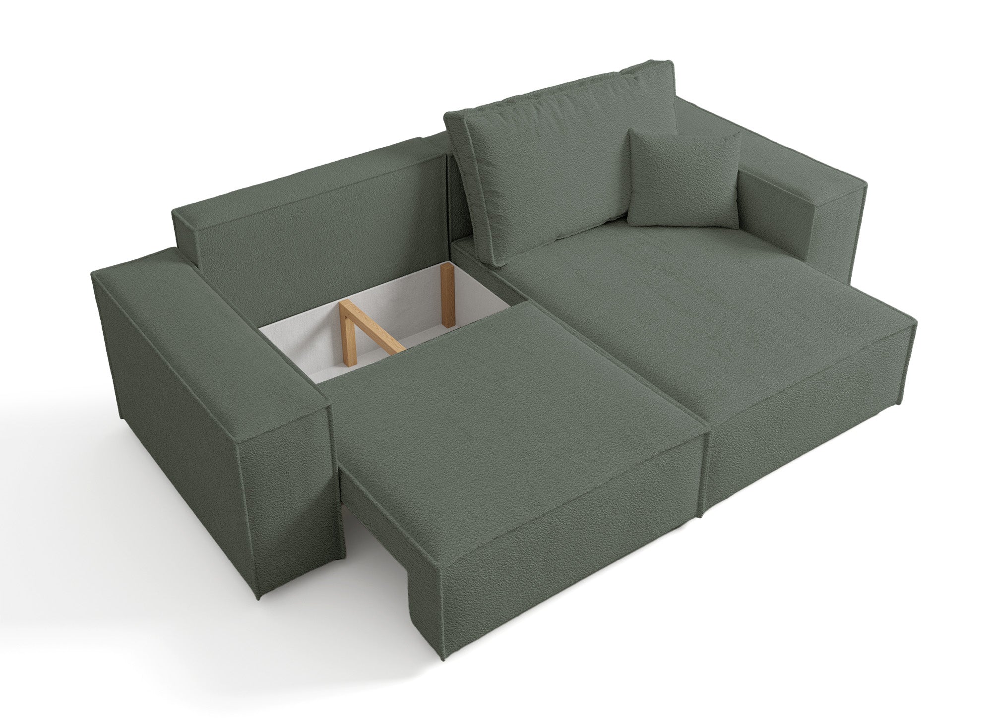 Canapé d'angle convertible et réversible avec coffre en tissu bouclette vert kaki JADE MINI