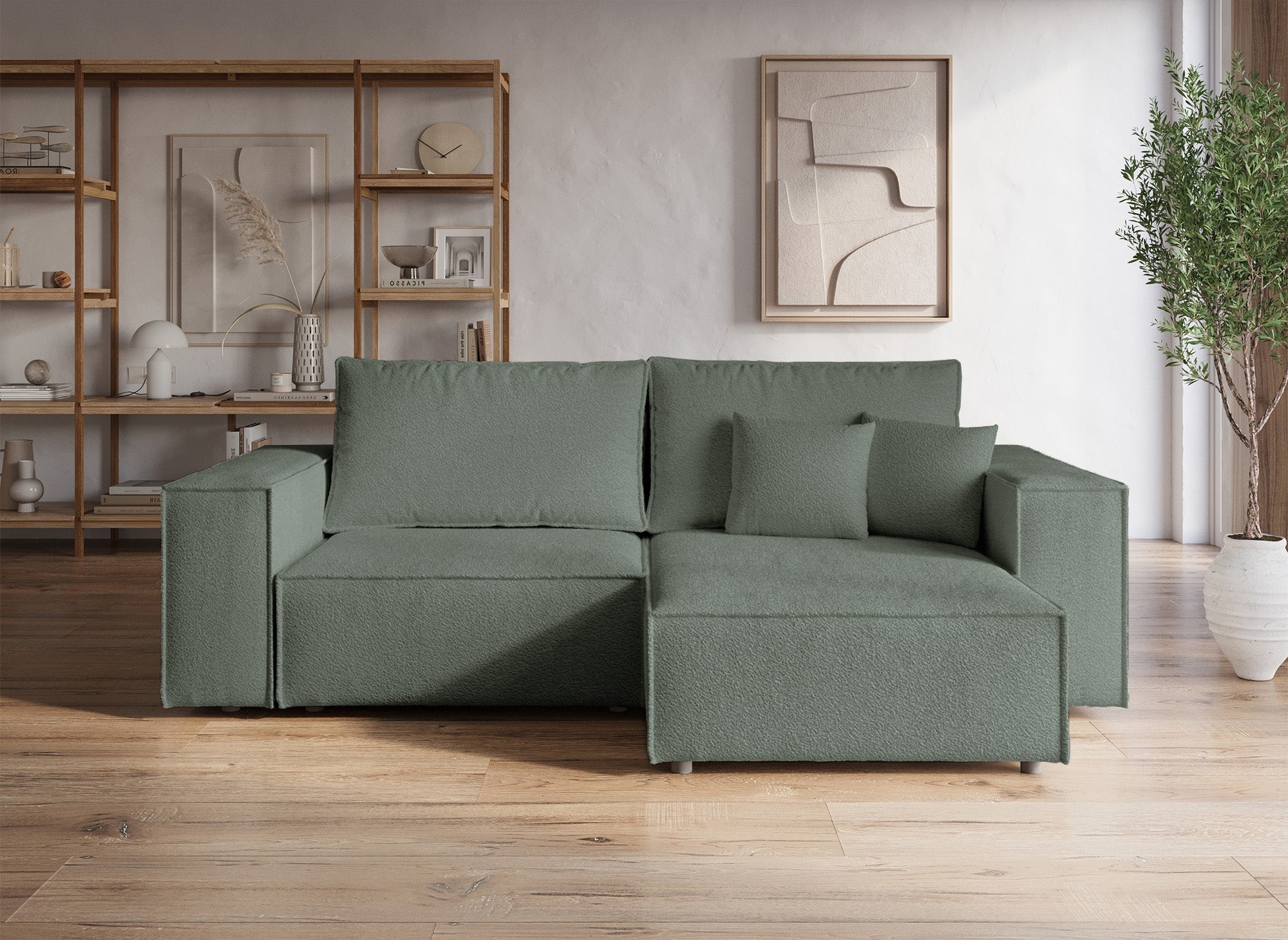 Canapé d'angle convertible et réversible avec coffre en tissu bouclette vert kaki JADE MINI