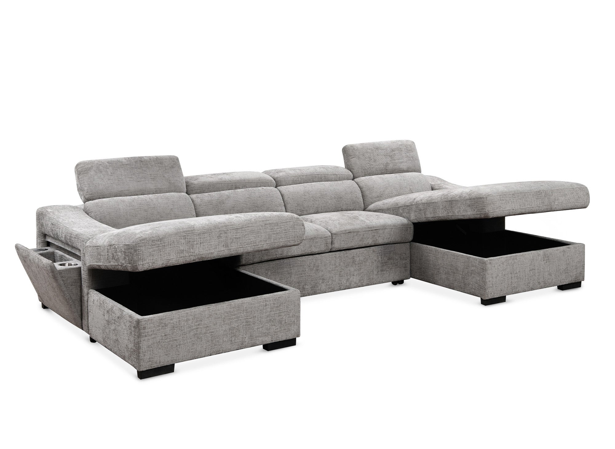 Canapé panoramique convertible avec 2 coffres en velours chiné gris VELORA