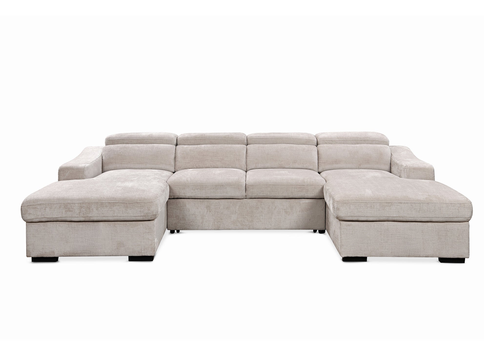 Canapé panoramique convertible avec 2 coffres en velours chiné beige VELORA
