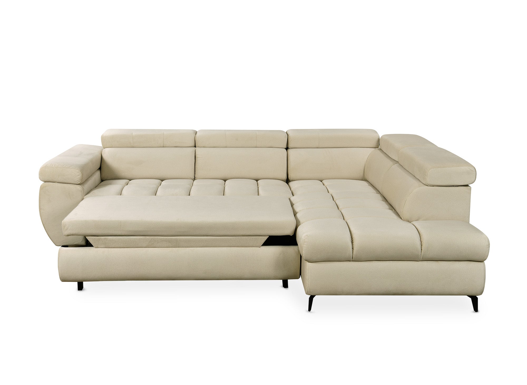 Canapé d'angle convertible matelassé avec coffre en velours beige LUCIANO - Angle droit