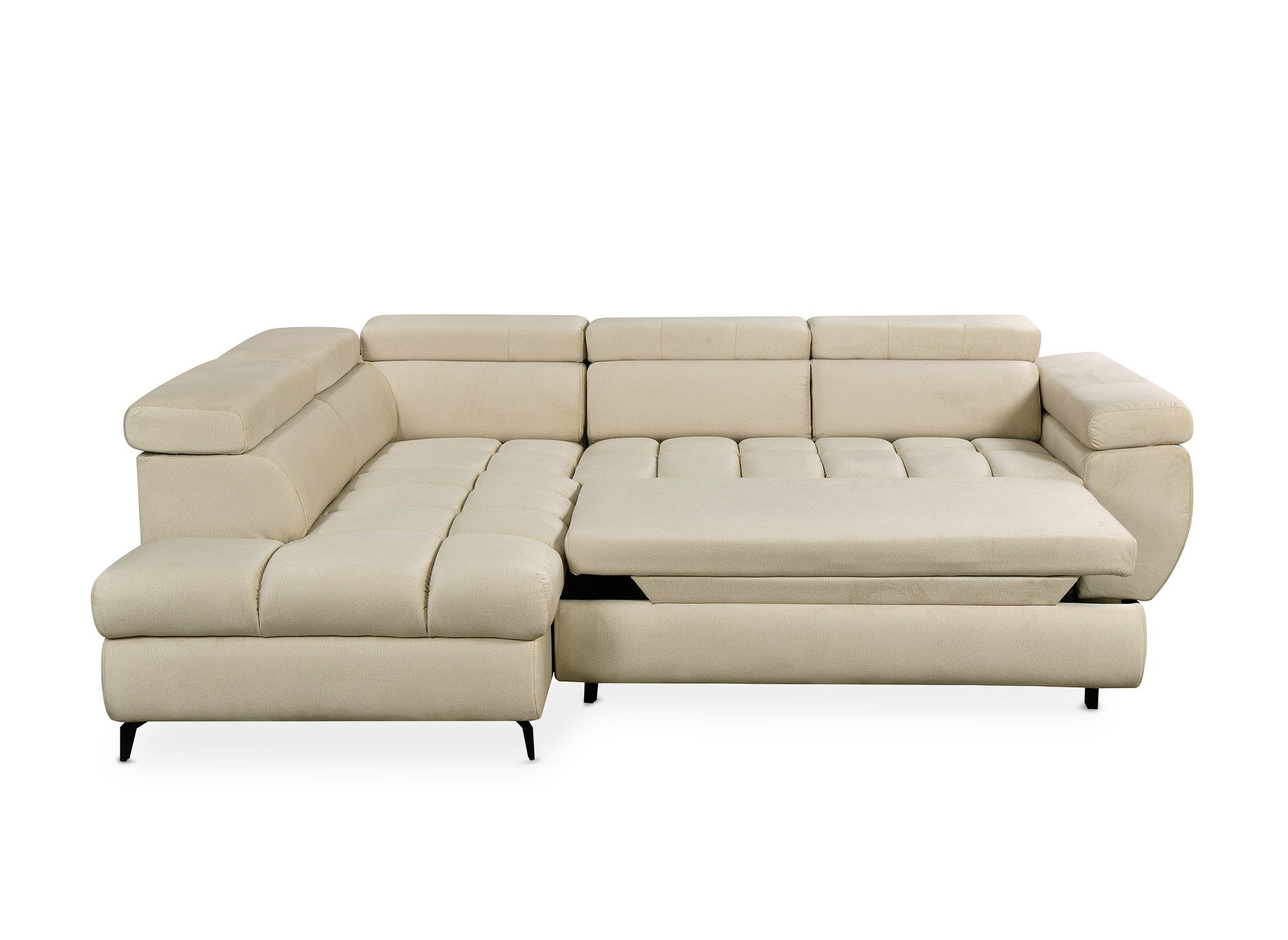 Canapé d'angle convertible matelassé avec coffre en velours beige LUCIANO - Angle gauche