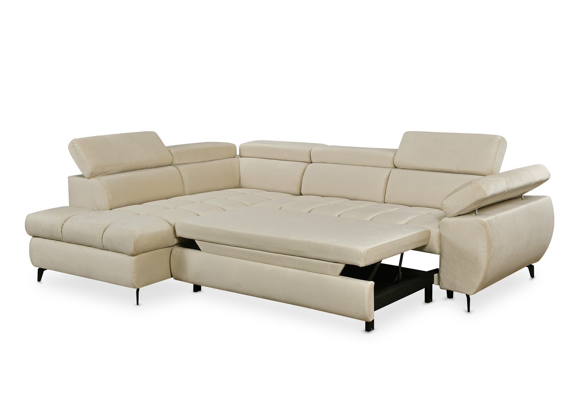 Canapé d'angle convertible matelassé avec coffre en velours beige LUCIANO - Angle gauche