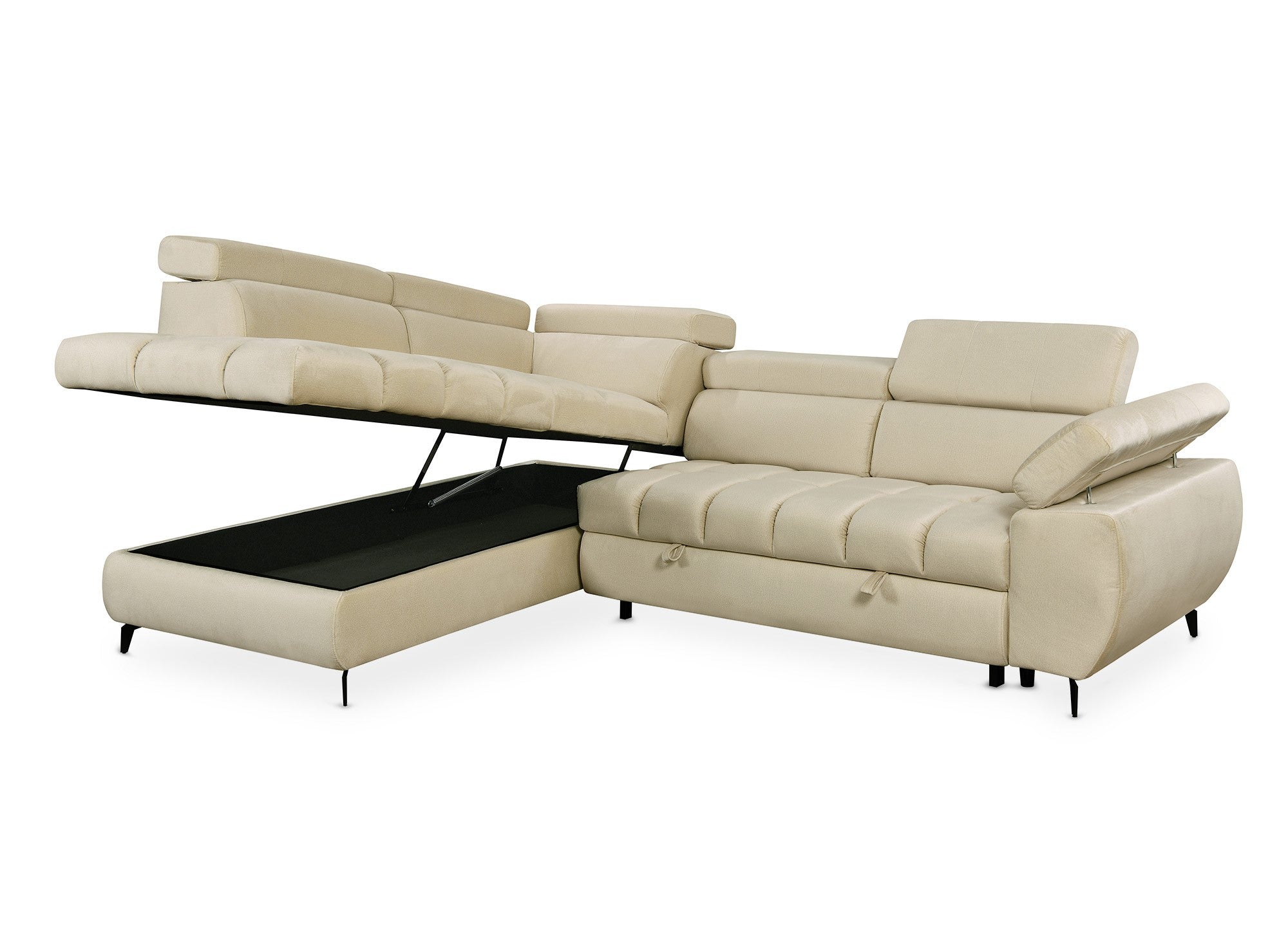 Canapé d'angle convertible matelassé avec coffre en velours beige LUCIANO - Angle gauche