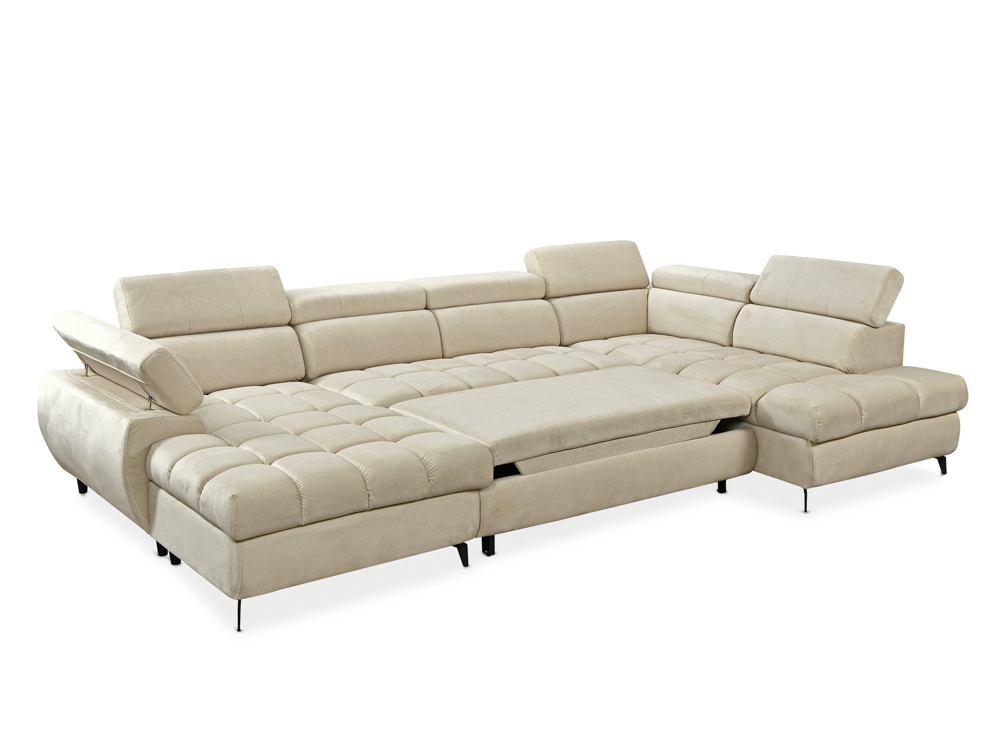 Canapé panoramique convertible matelassé avec coffre en velours beige LUCIANO - Angle gauche