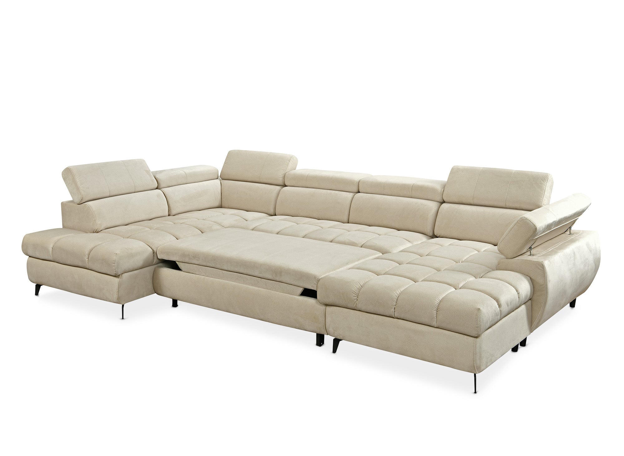 Canapé panoramique convertible matelassé avec coffre en velours beige LUCIANO - Angle droit