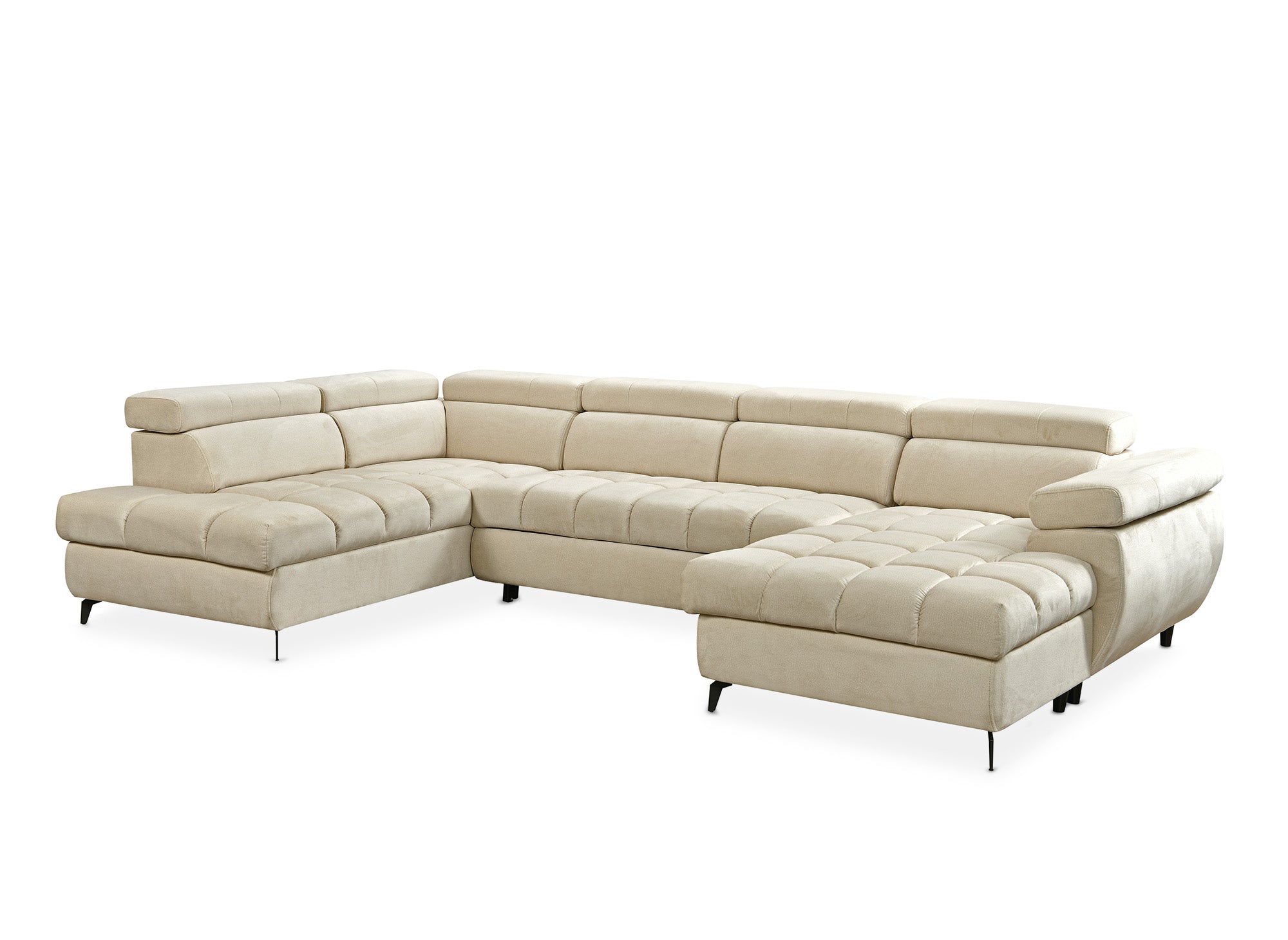 Canapé panoramique convertible matelassé avec coffre en velours beige LUCIANO - Angle droit