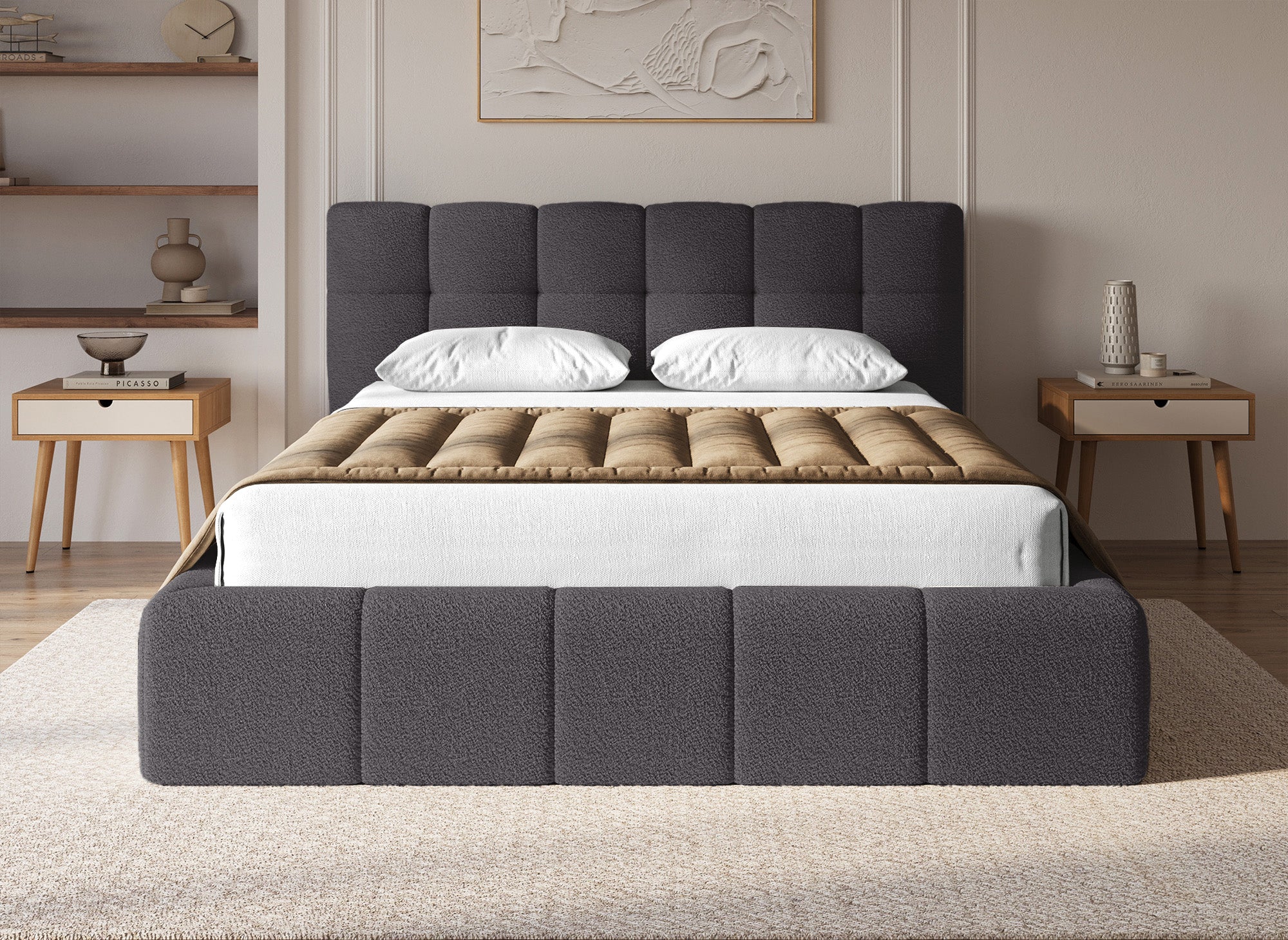 Lit coffre en tissu bouclette gris 160x200 cm MILIE